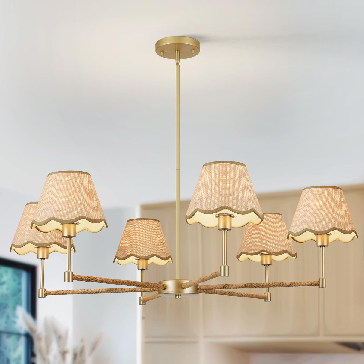 ZXFDWB Farmhouse Rattan Chandelier Light Fixture, 6-Light Boho Chandeliers for Dining Room, Adjustable Rustic Pendant Light Large Modern Gold Hanging Lighting for Kitchen Island, Living Room ZXFDWB