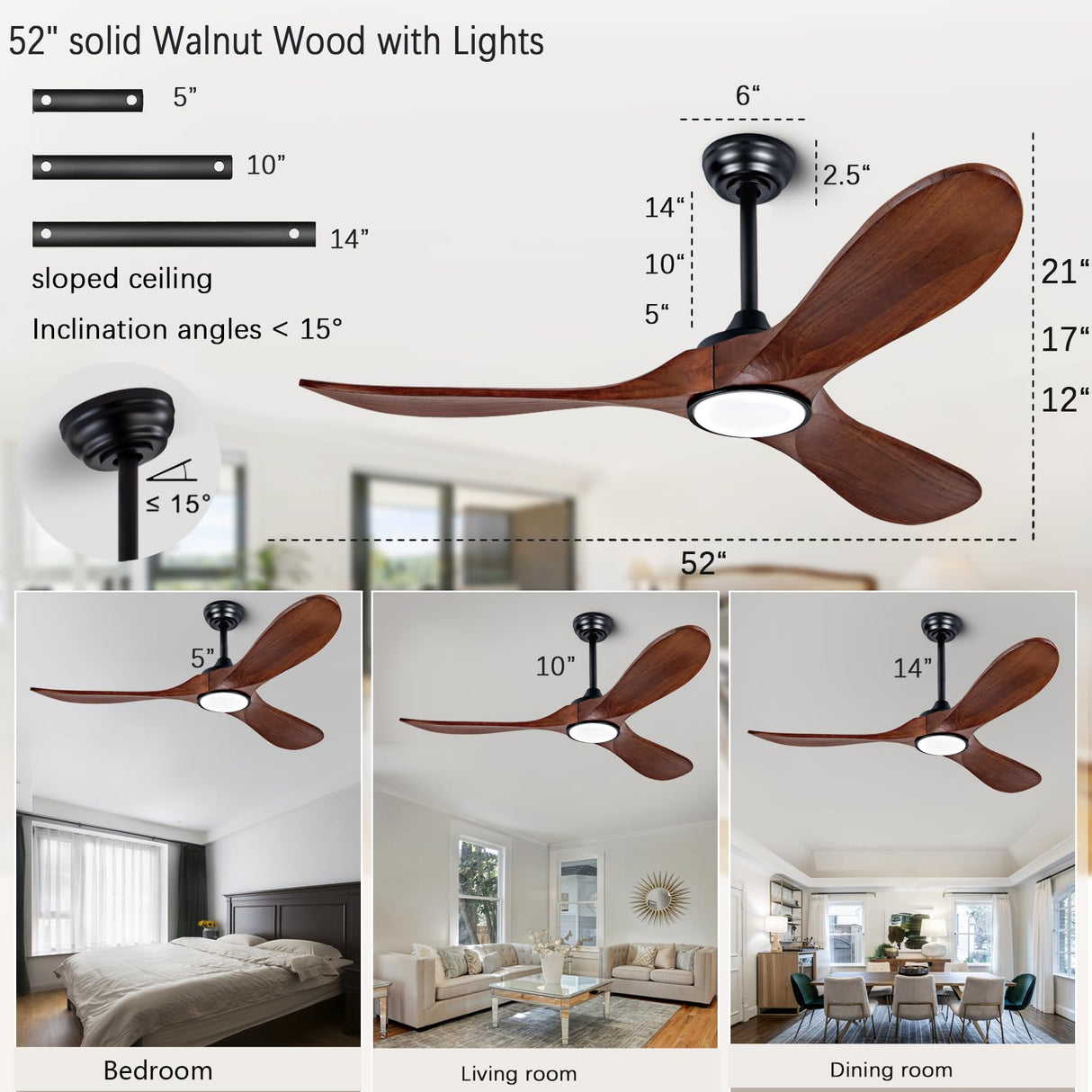 dearnow 52" wood ceiling fan with light with remote control, indoor outdoor wood ceiling fan with 3 wood blades for patio, living room, dining room, pavilion yard, etc (black + walnut) dearnow