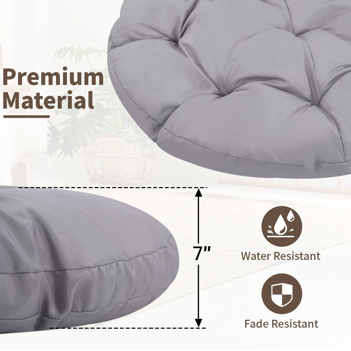 KROFEM 39" Wicker Papasan Circle Chair, 360° Swivel Living Room Chair, Indoor Outdoor Rattan Chair with Thick Cushion, Ideal for Teenagers, Kids, Grey Frame with Light Grey Cushion KROFEM