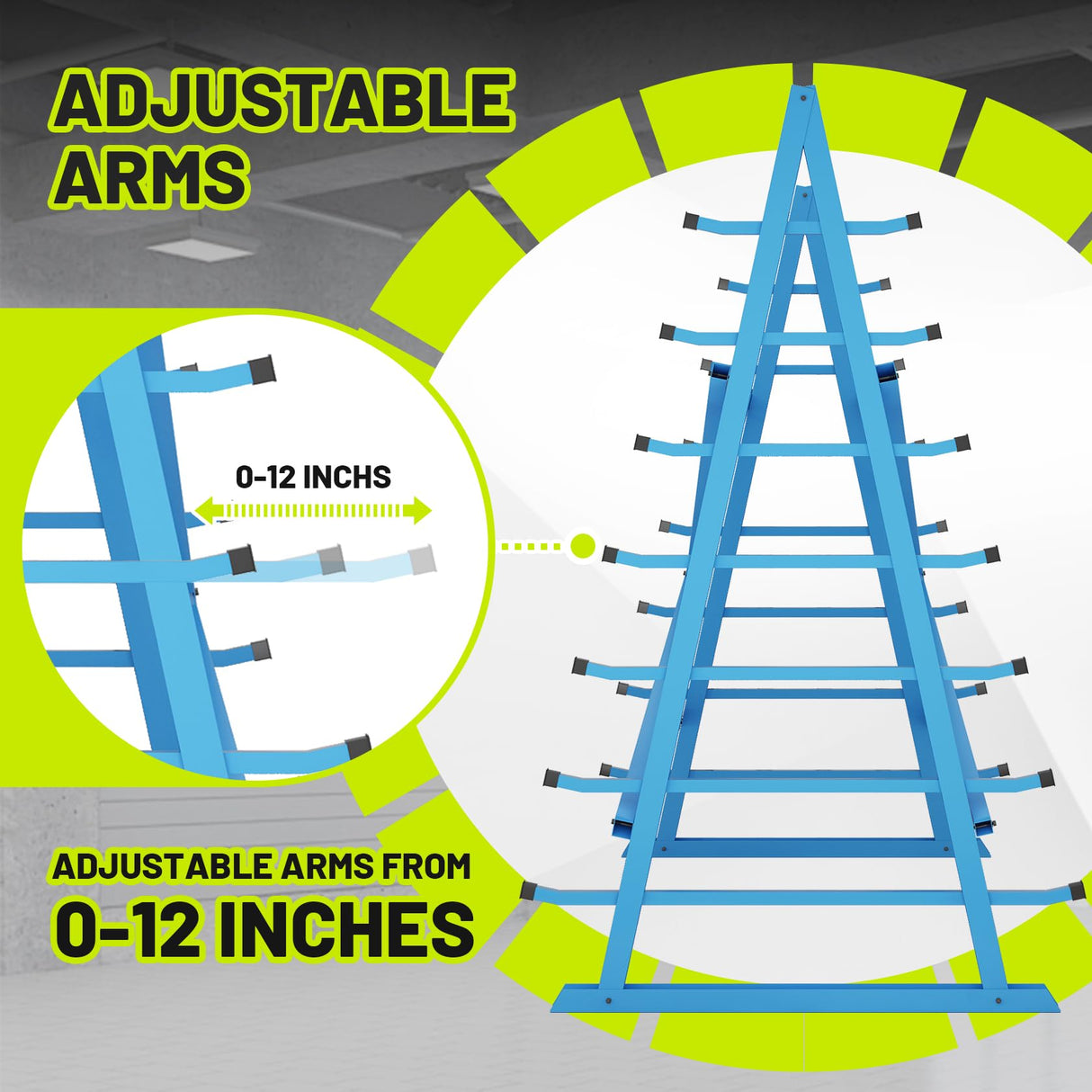 Hymula Horizontal Lumber Storage Rack, Heavy Duty 2000 LBS, 60” W x 66” H x 40” D, 7-Tier Metal Garage Shelf with Adjustable Arms for Wood, Pipes, and Building Materials Hymula