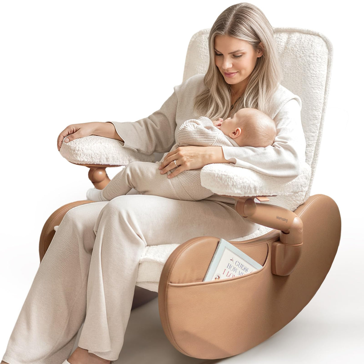 MAMAZING Nursery Rocking Chair Glider with Adjustable Armrests for Breastfeeding, Upholstered Nursing Chair with Removable Cover for Mom and Baby(Brown/Beige) MAMAZING
