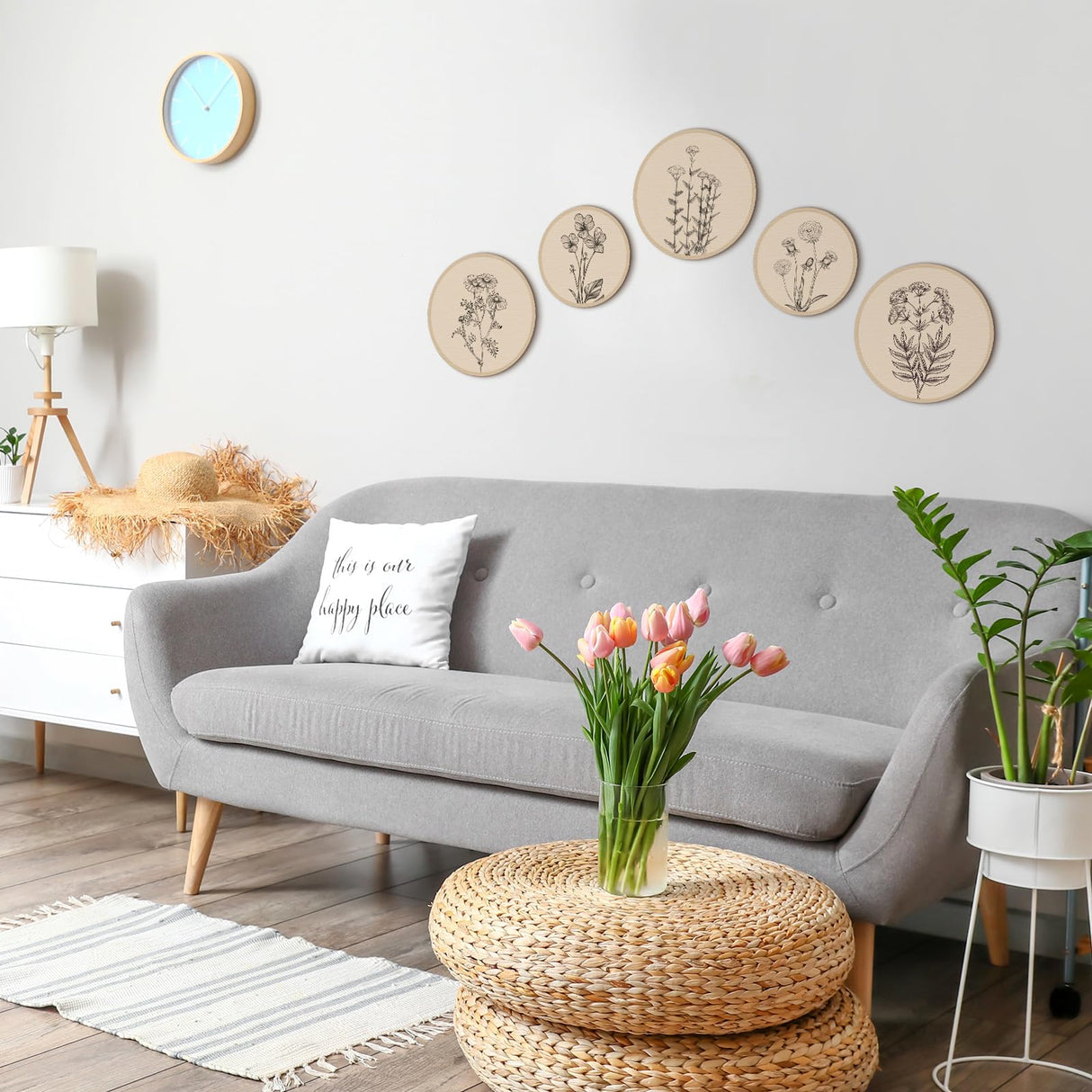 Qunclay 5 Pcs Wall Art Decor Wooden Living Room Wall Decor Bohemian Hanging Farmhouse Geometric 10'' and 8'' Aesthetic Wood Minimalist Posters for Bedroom(Floral) Qunclay