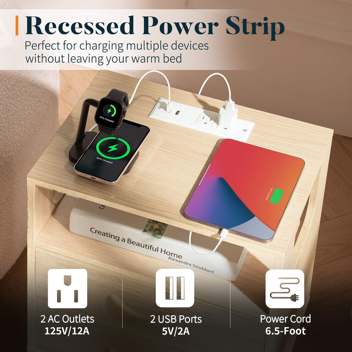 Yoobure LED Night Stand with Charger Station, Mid Century Modern Nightstand with Fabric Drawers, Bedside Table Nightstands with Storage Shelf, Bed Side Table Small Night Stands for Bedroom Living Room Yoobure