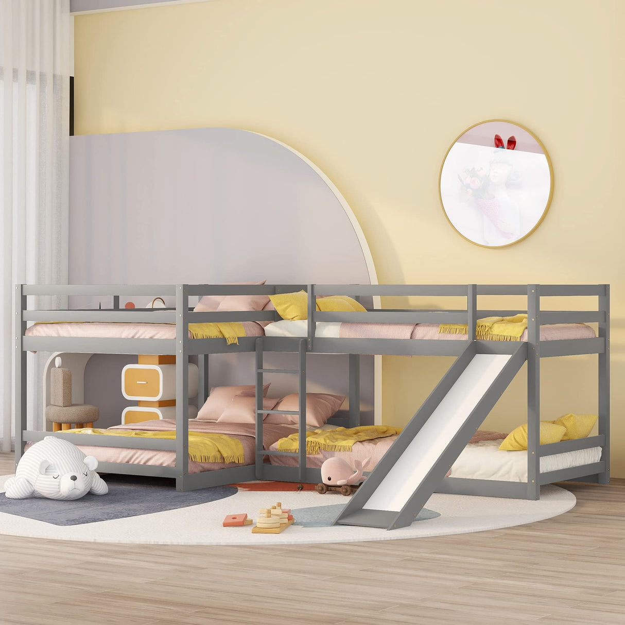 TMAXX Quad Bunk Beds,Wood L-Shaped Bunk Beds with Slide and Ladder, 4 in1 Full and Twin Size Bunk Bed Compatible with Bedroom, Teens, Adults,Grey ,Queen Bed, YY-991 TMAXX