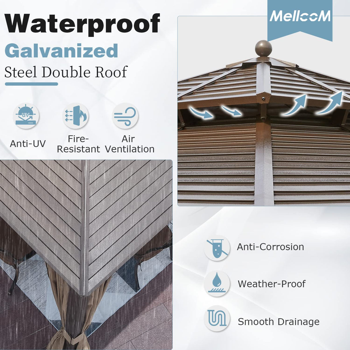 MELLCOM 12' x 12' Hardtop Gazebo, Galvanized Steel Double Roof Outdoor Gazebo, Aluminum Frame Metal Gazebo with Netting and Curtains for Patios, Gardens, Lawns Brown MELLCOM
