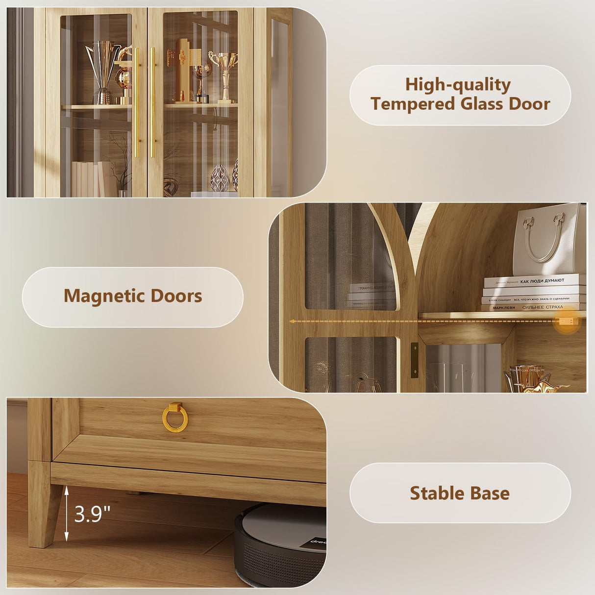 LVSOMT 71" Tall Arched Storage Cabinet with Glass Doors and Drawers, Curio Display Cabinet with Adjustable LED Light & Human Sensor, 4-Tier China Cabinet for Living Room(Wood) LVSOMT