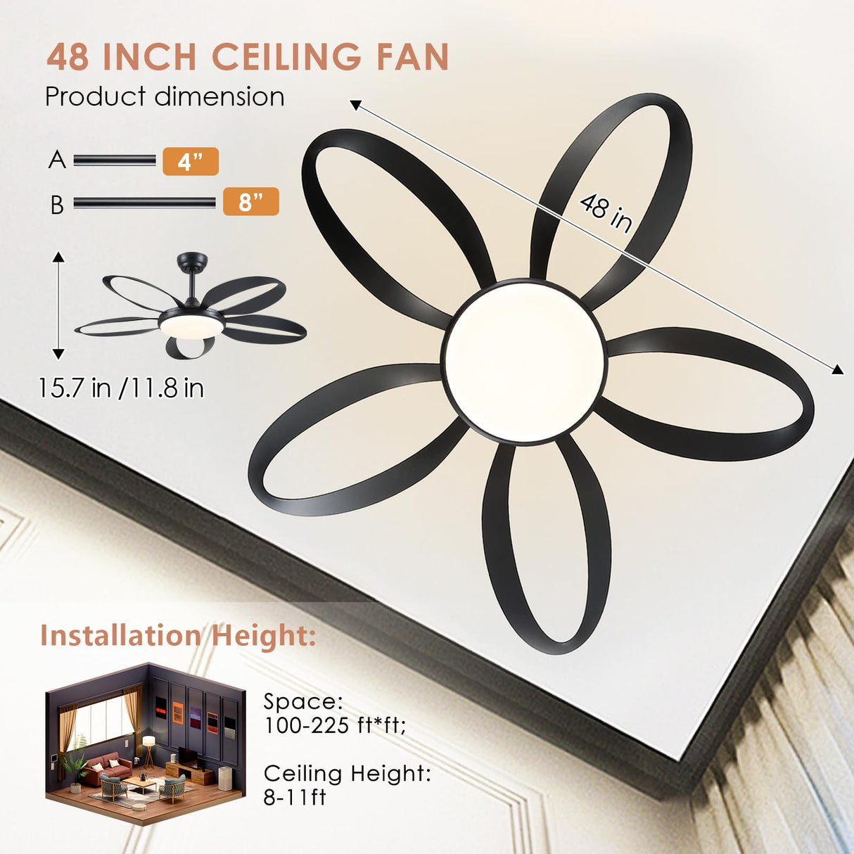 Ceiling Fans with Lights, 48 inch Black Ceiling Fan with Remote APP, Unique Fan Blades, Reversible, 3CCT Led, Sloped Flush Mount Low Profile Ceiling Fan with Lights Bedroom Living Room Indoor BayDay
