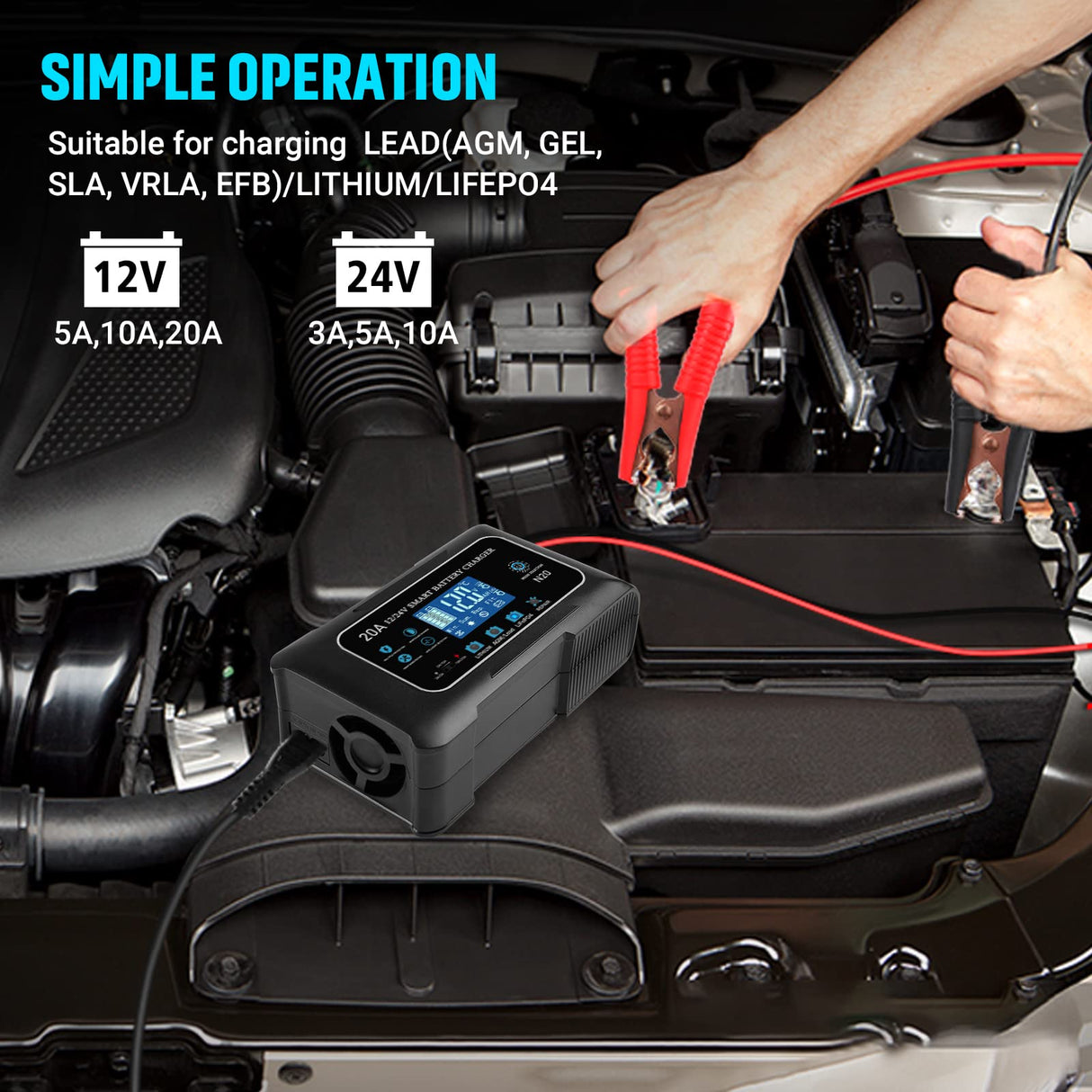 20-Amp Lifepo4 Lithium AGM Gel Smart Battery Charger, 12V/20A 24V/10A Trickle Charger, Maintainer for car Boat Motorcycle, Lawn Mower Dght