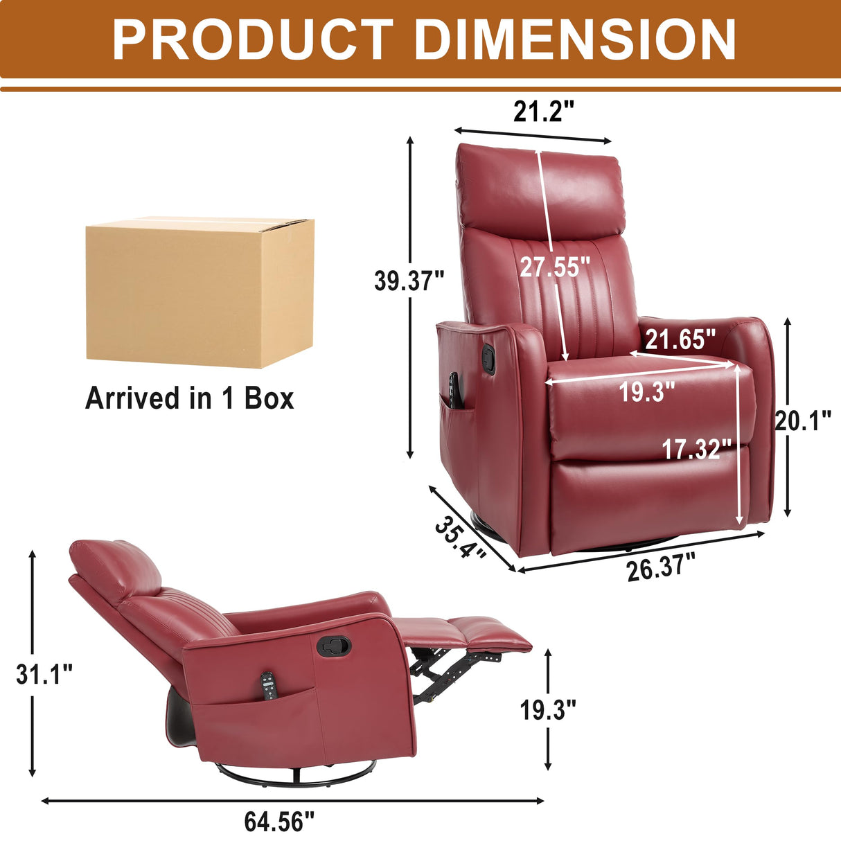 Manual Swivel Rocker Recliner Chair for Adults, Overstuffed Recliner Glider with Massage and Heat, Living Room Reclining Chair, PU Leather Red Luxlen
