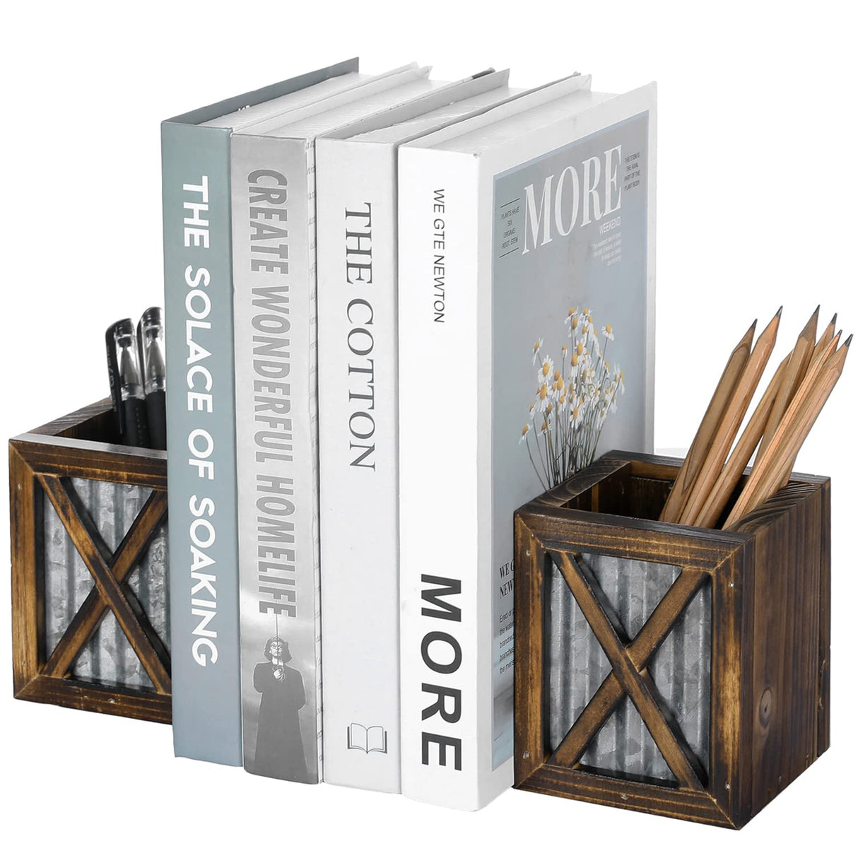 MyGift Rustic Burnt Wood Decorative Bookends with Corrugated Galvanized Metal Accent, Desktop Book Ends with Pen Holder Pencil Cup Stationery Storage Bins for Home Office, Classroom, Dorm Room, 1 Pair MyGift
