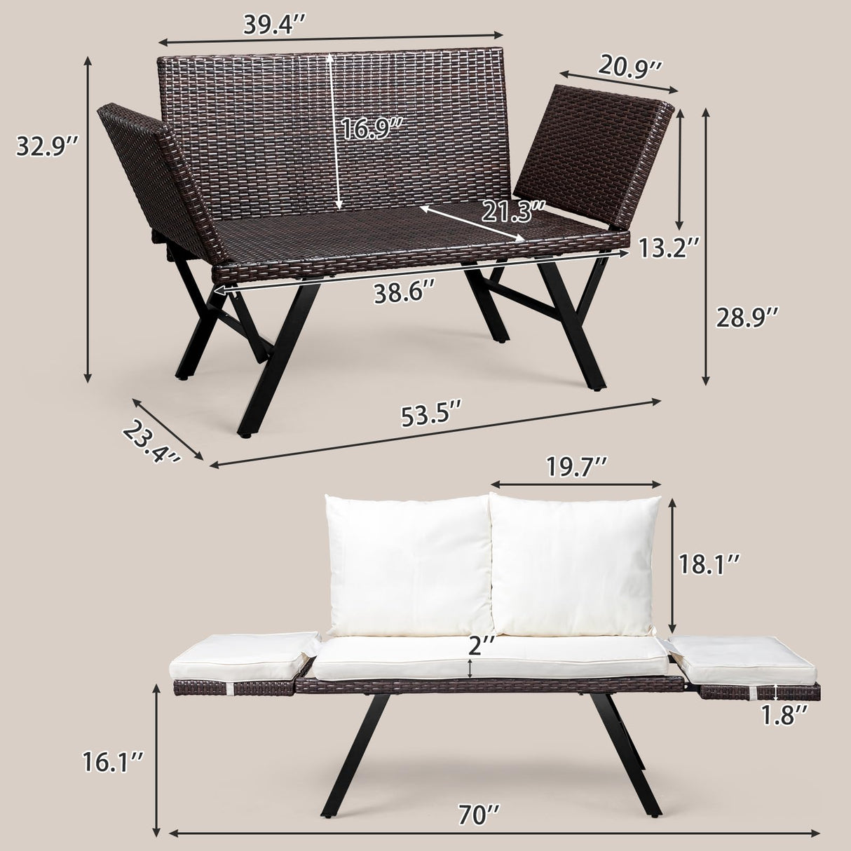 VINGLI Outdoor Loveseat, Woven Rattan Outdoor Sofa with Adjustable Armrests, Patio Loveseat with Removable Cushions and Pillows, Convertible Patio Couch for Yard Pool Balcony VINGLI