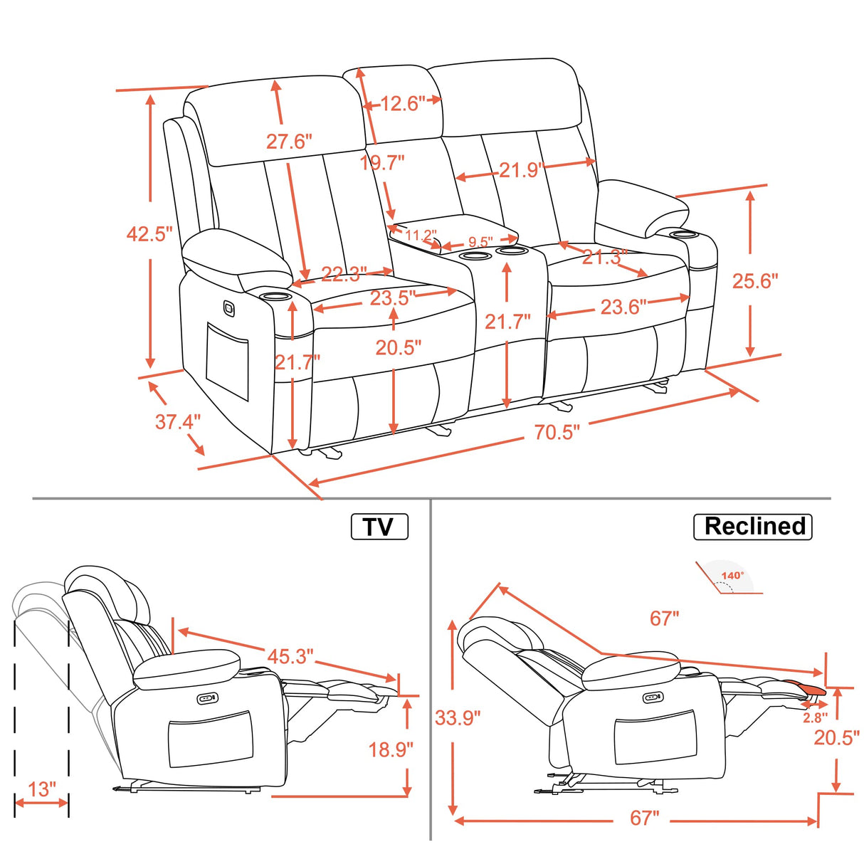MCombo Power Loveseat Recliner with Console, Heat and Vibration Massage, Reclining Loveseat Sofa with USB Ports, Cup Holders for Living Room, Faux Leather 6095 (Black) MCombo