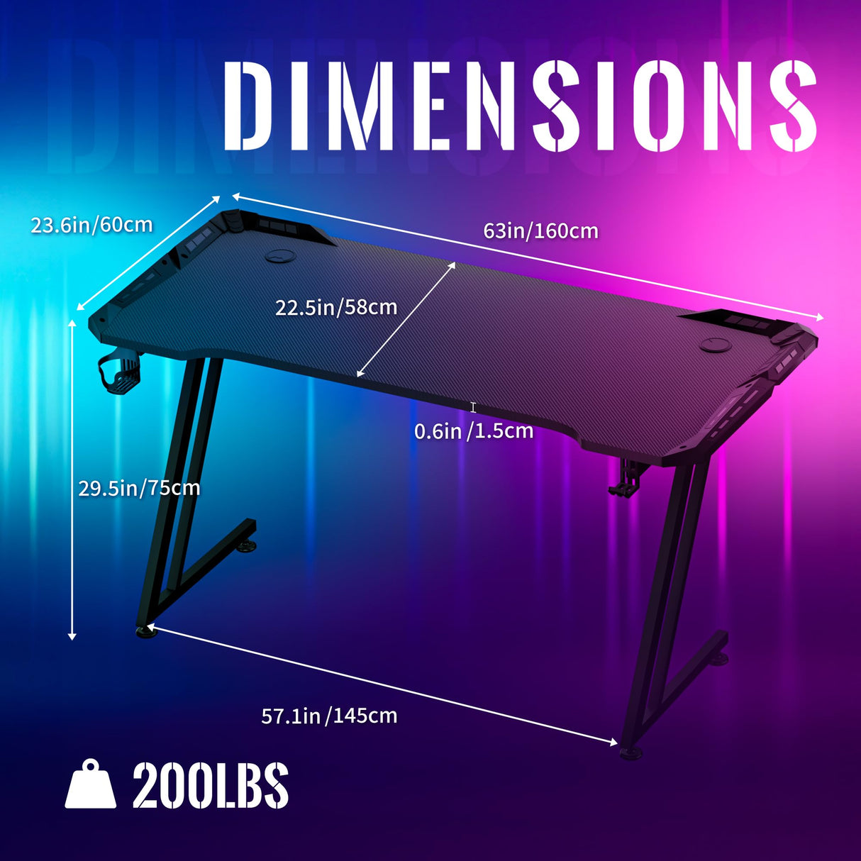 Gamtimer Gaming Desk with LED Lights,63 inch Carbon Fiber Surface RGB Gaming Computer Table, 384 Color Mode with Remote Control, Cup Holder and Headphone Hook - Black Gamtimer