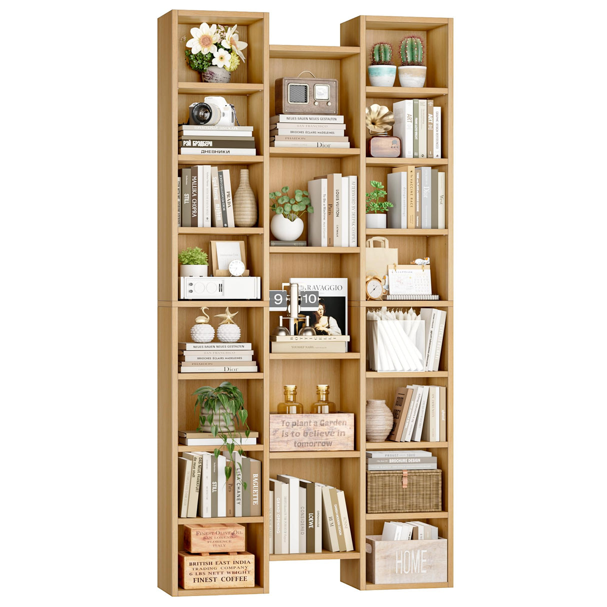 FOTOSOK 71โโ Tall Bookshelf, Triple Wide Bookshelf with Adjustable Shelves, 8 Tier Media CD DVD Storage Rack, Diaplay Cabinet Shelf, Wooden Book Shelf DVD Storage Shelf for Home Office, Natural FOTOSOK