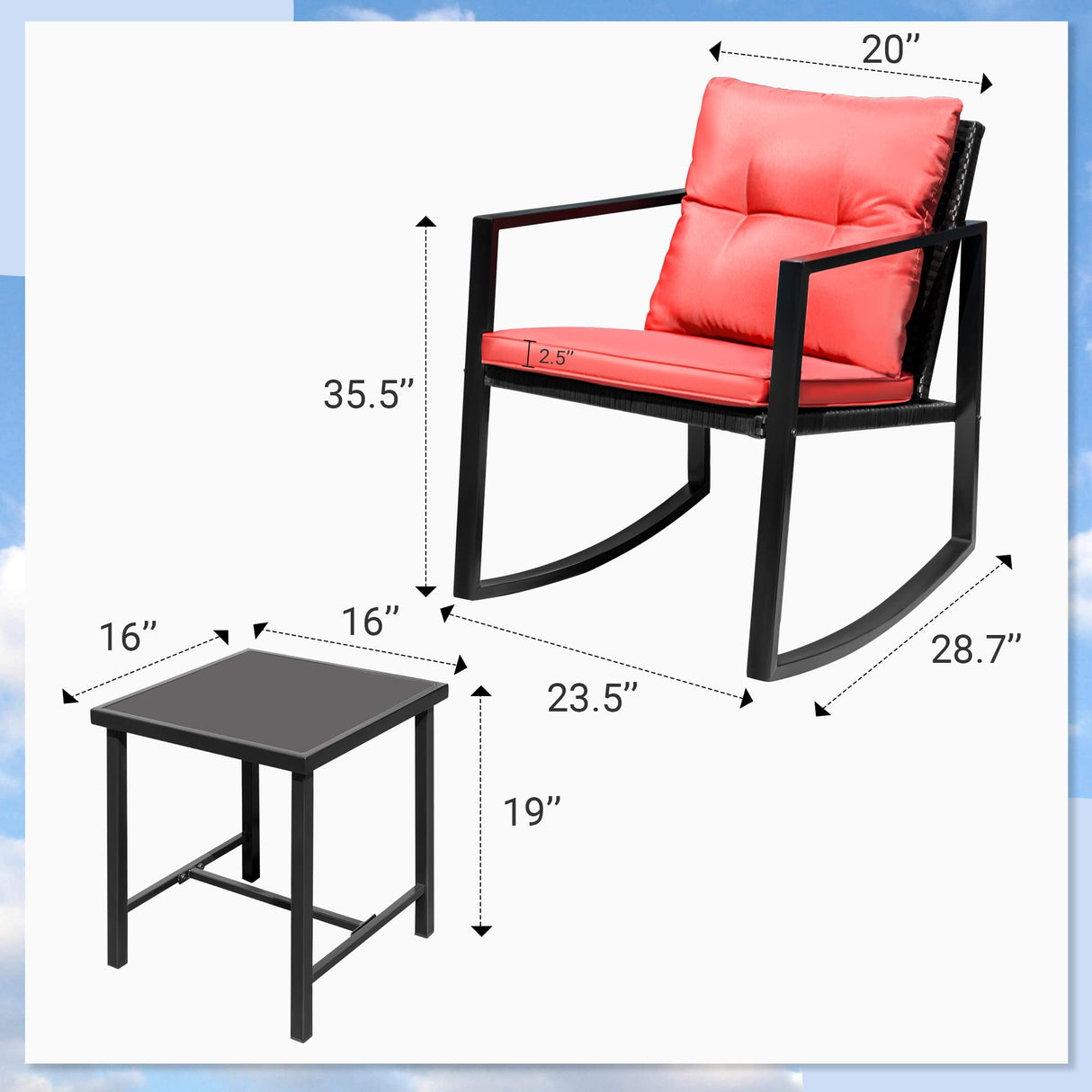 Flamaker 3 Pieces Patio Furniture Set Rocking Wicker Bistro Sets Modern Outdoor Rocking Chair Furniture Sets Clearance Cushioned PE Rattan Chairs Conversation Sets with Coffee Table (Red) Flamaker