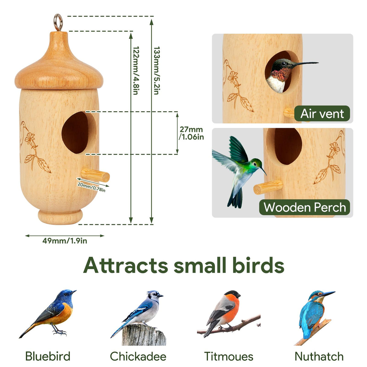 Hummingbird House, Wooden Hummingbird Houses for Outside Hanging, Nest Swinging, Wooden Bird Houses with Cotton, Bow, String, Gardening Gifts Decoration (1 Pack) Rakovar