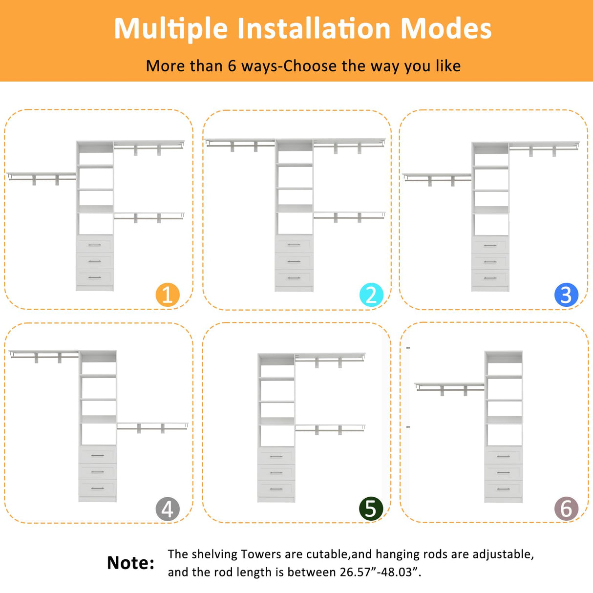 secilix Closet System with Drawers, 5-8FT Closet Organizer Systems with Expandable Hanging Rods, 96" Closet Shelving Systems for Walk in Closets, Heavy Duty Wall Mount Closet Systems-White secilix