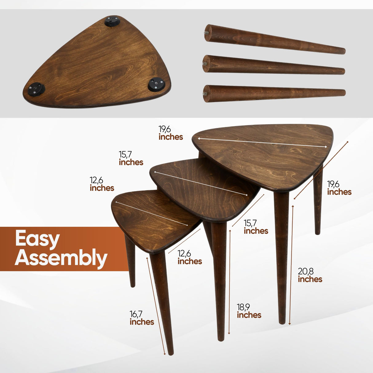 TRIHOME, Solid Nesting Table Set of 3, Birch Mid Century Pebble Tables with Wood Tapered Legs, Portable Modern Side Coffee Tables, Handmade Home Furniture, Farmhouse, Living Room, Triangle TRIHOME