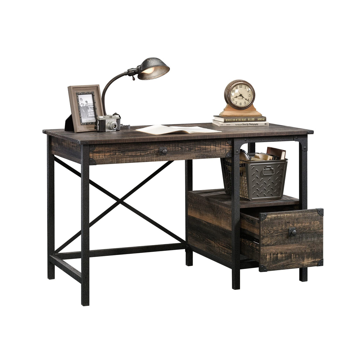 Sauder Steel River Desk, L: 47.48" x W: 23.47" x H: 29.53", Carbon Oak Finish Sauder
