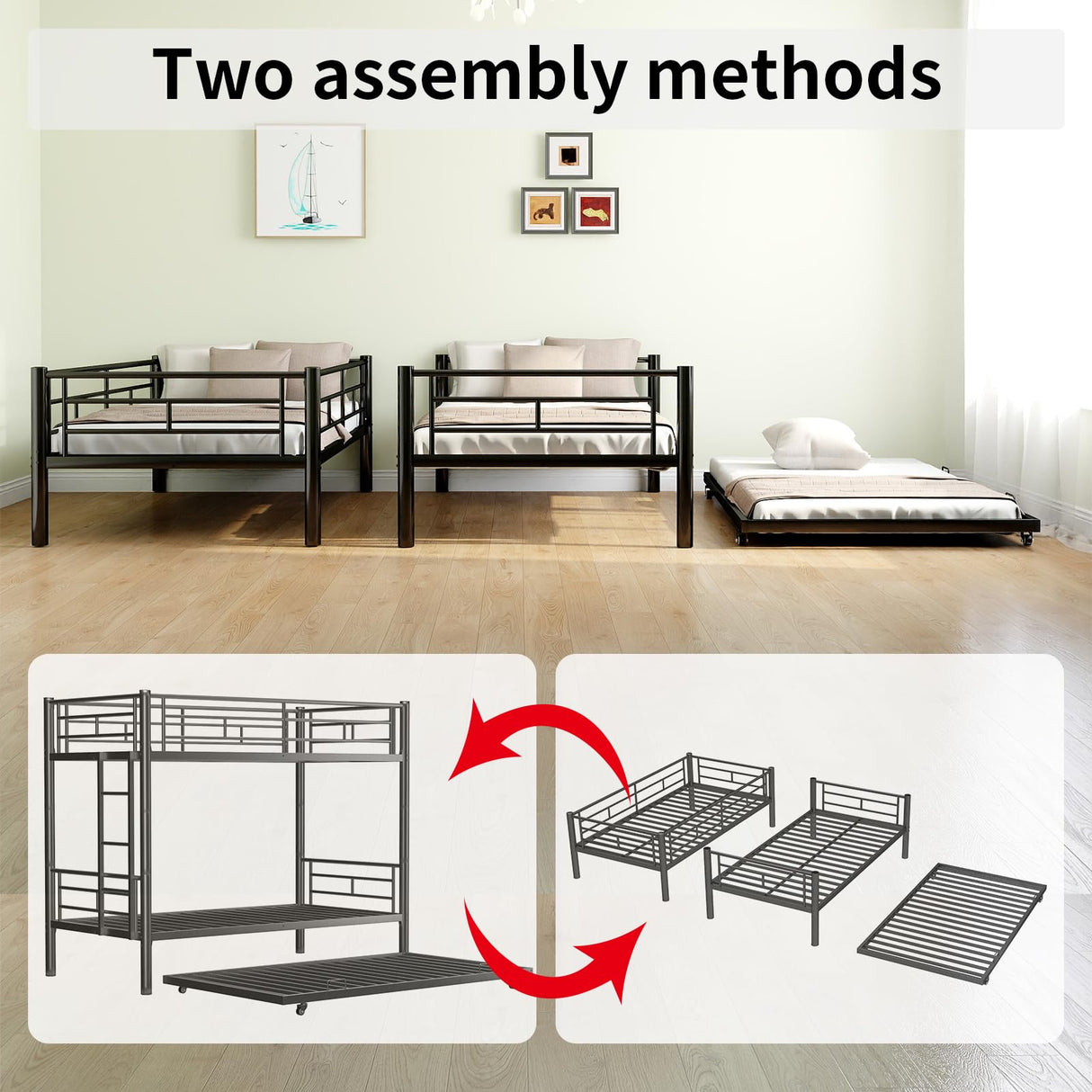 HomJoones Metal Bunk Bed with Trundle,Twin Over Twin Bunk Bed Frame with Ladder and Safety Rails for Triple Metal Bunk Can be Divided into Two beds (Black) HomJoones