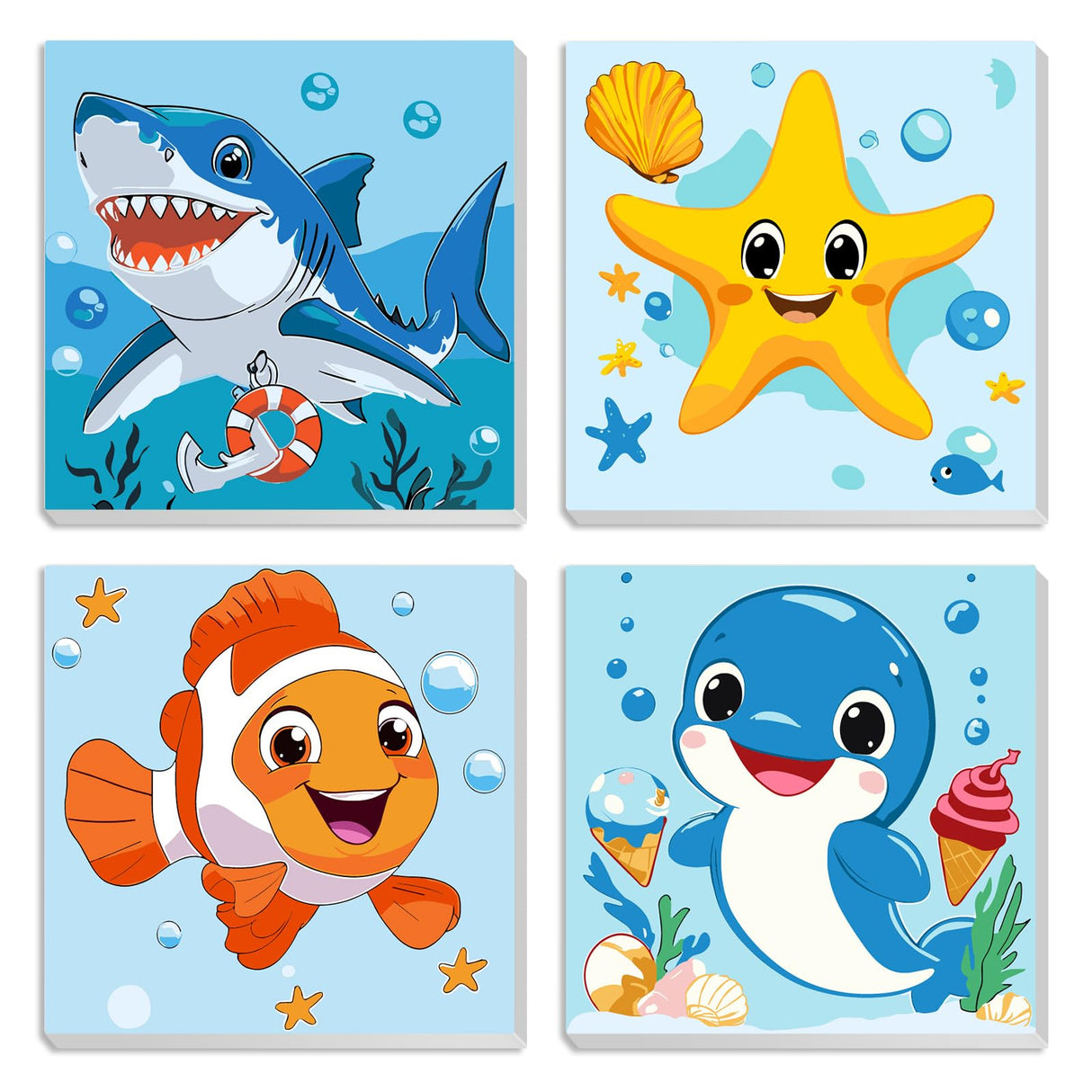 MXJSUA 4 Pack Cute Animals Paint by Numbers Kit with Framed Canvas for Ages 6-12 Kids, Shark Paint by Numbers Kits for Children Beginners, Acrylic Oil Painting for Home Wall Decor Gift (8x8 inch) MXJSUA