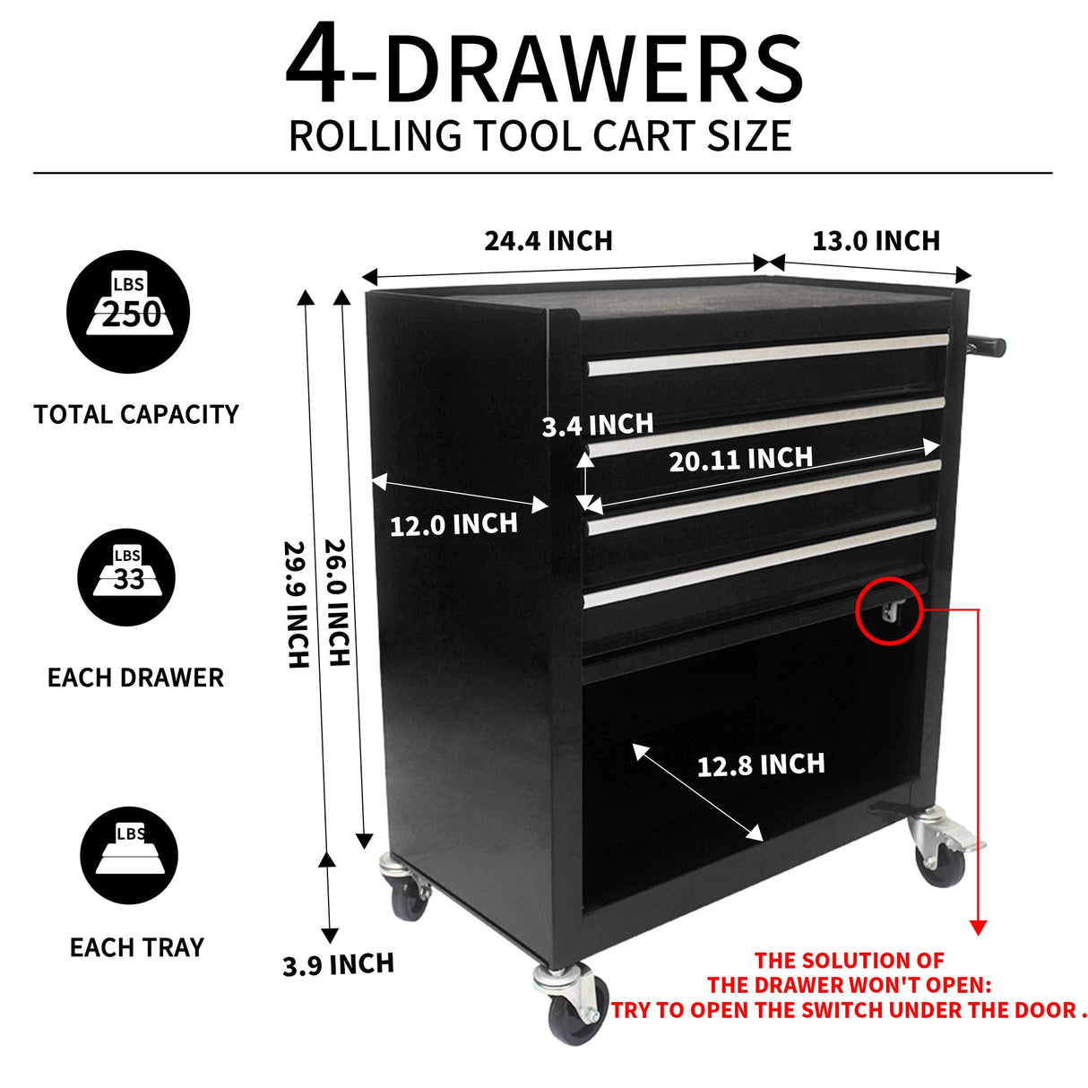 4-Drawer Tool Cart on Wheels, Rolling Tool Box,Heavy Duty Utility Industrial Service Cart Storage Organizer with Locking System, for Mechanic, Warehouse, Garage, Workshop Larmliss