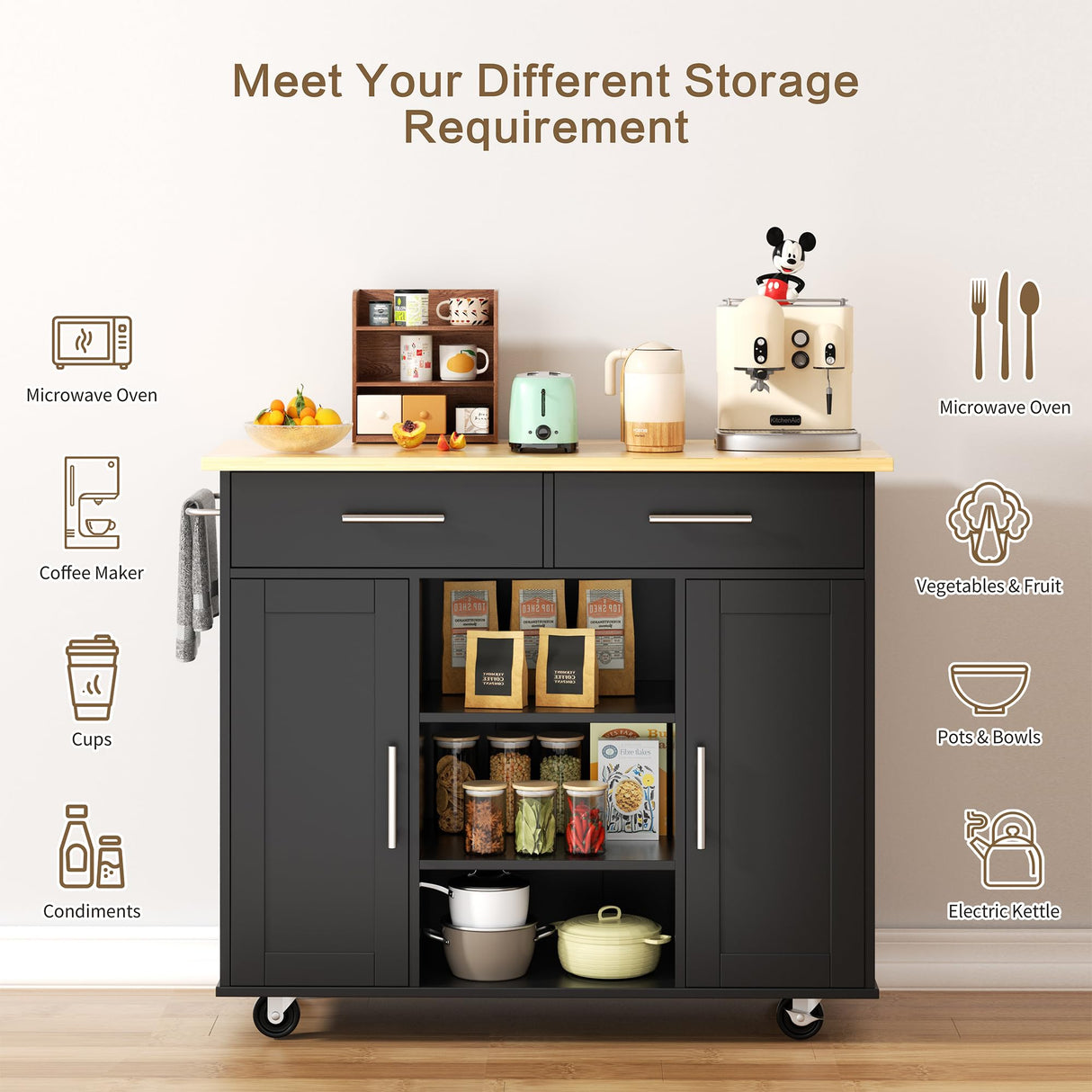 SUNLEI Kitchen Island with Storage Cart Table Rolling Butcher Block on Wheels Portable Large Mobile Counter Drop Leaf Moveable Farmhouse Floating Stand Alone Bar Drawers Wood Coffee Microwave Black SUNLEI