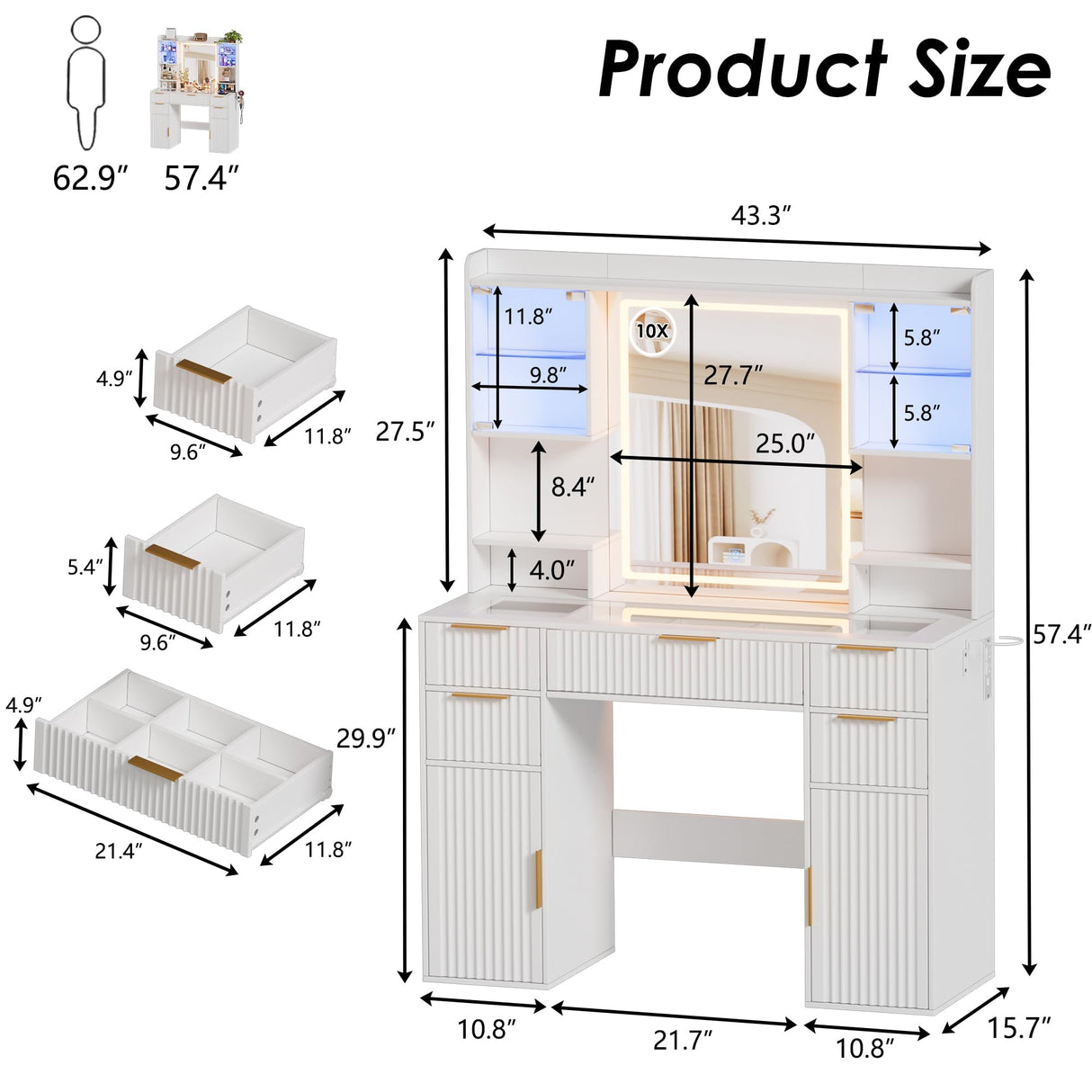 PAKASEPT Vanity Desk with Mirror and Lights, Fluted Makeup Vanity Desk with Lights 3 Colors, Glass Top Vanity with 16 RGB Colors Cabinet, 2 Shelves & 5 Drawers & Power Outlet for Bedroom PAKASEPT
