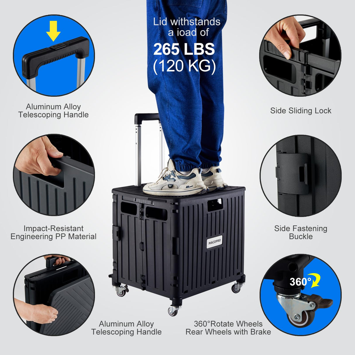 MACOPRO Folding Utility Cart Portable Rolling Crate Handcart Shopping Trolley Collapsible Tool Box, with Lid, Basket on 4 Rotate Wheels, for Grocery, Office, Luggage, Teacher (Black) MACOPRO