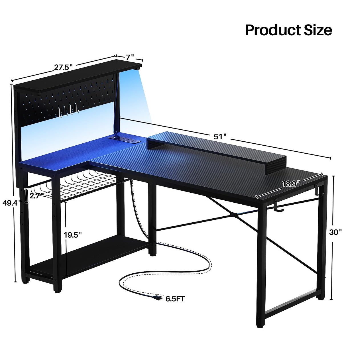 Homieasy Small Gaming Desk with Power Outlets Pegboard LED Light, 51 Inch L Shaped Computer Desk with Monitor Stand Storage Shelves, Reversible Corner Desk with Headset Hooks, Carbon Fiber Black Homieasy