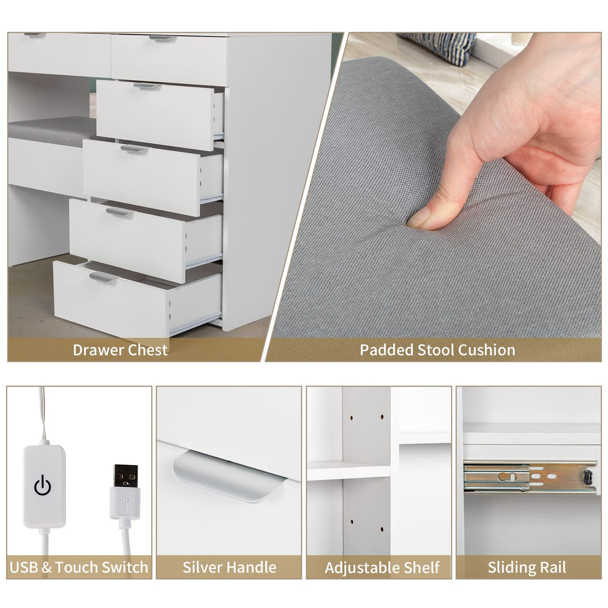 Karl home Vanity Desk with Sliding Mirror, 6-Drawer Makeup Vanity, Bedroom Makeup Desk, Vanity Table with Adjustable Brightness & 3 Colour Light Modes,White Karl home