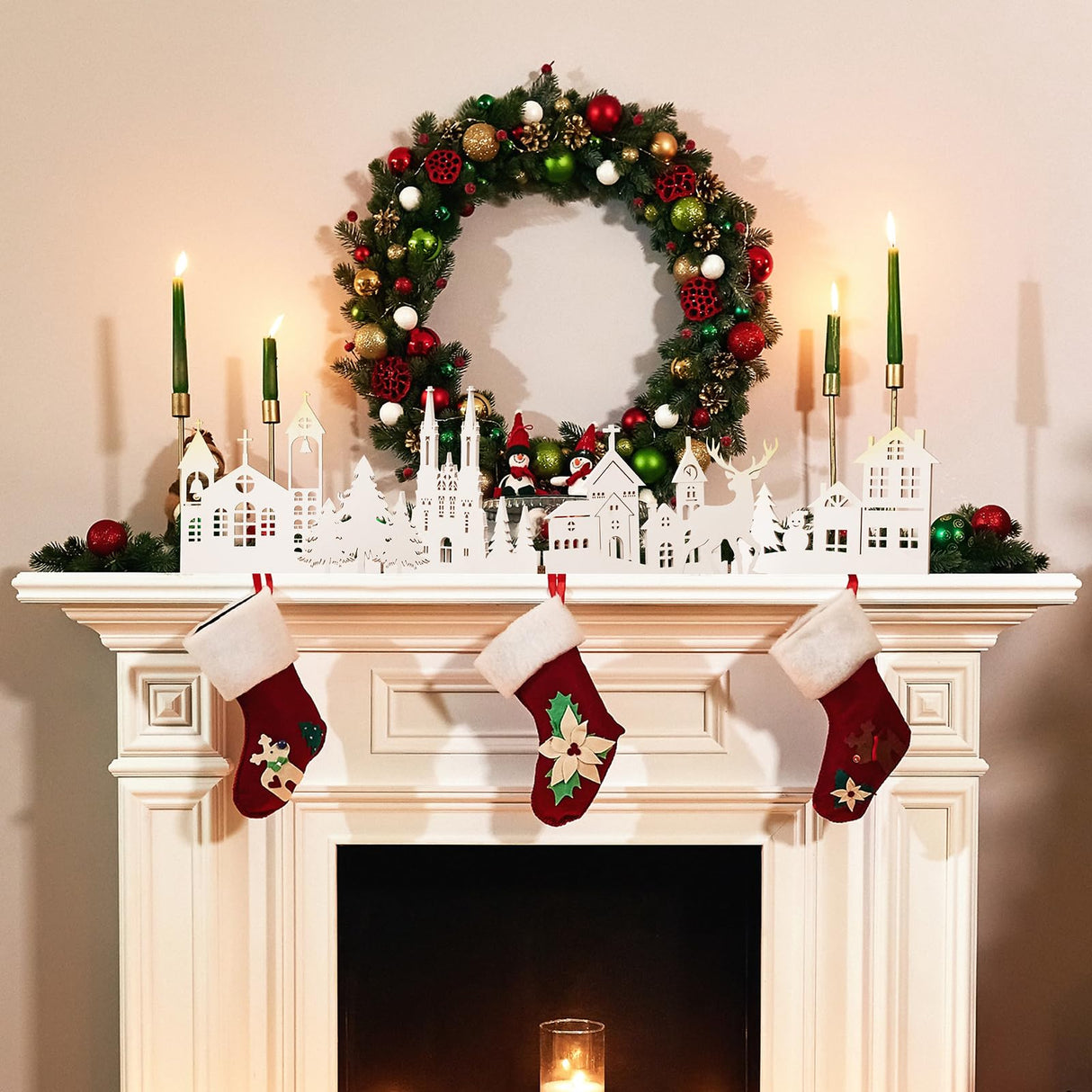 Colingmill 32 Inch Christmas Tabletop Decoration Wooden Christmas Themed White Church Christmas Tree and elk Signs Farmhouse Centerpiece Decor for Home Kitchen Table Shelf Decor Colingmill