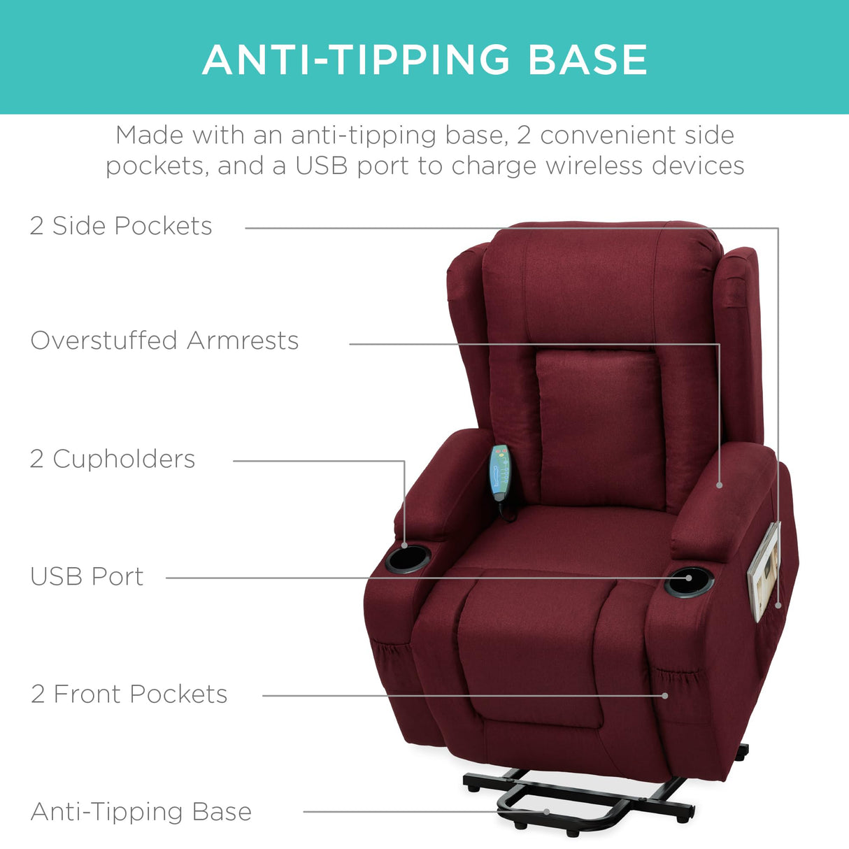 Best Choice Products Modern Linen Electric Power Lift Chair, Recliner Massage Chair, Adjustable Furniture for Back, Legs w/ 3 Positions, USB Port, Heat, Cupholders, Easy-to-Reach Button - Burgundy Best Choice Products