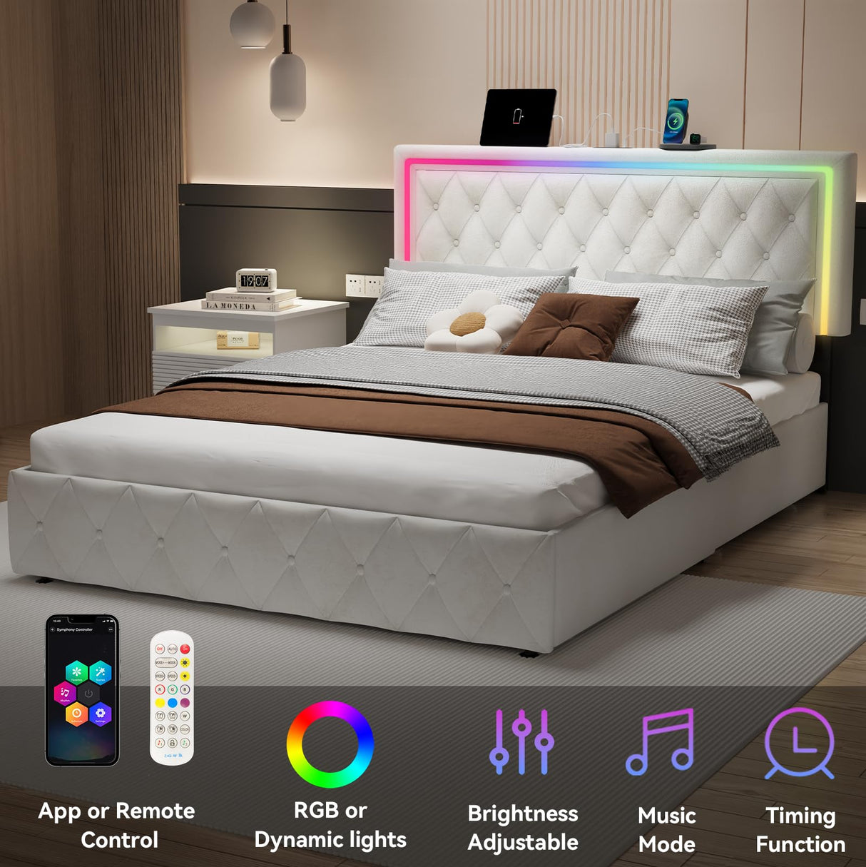 LED Queen Bed Frame with 4 Storage Drawers and Adjustable Headboard, Modern Velvet Upholstered Platform Bed Frame Queen Size with Charging Station, Wooden Slats Support, No Box Spring Needed, White QFP