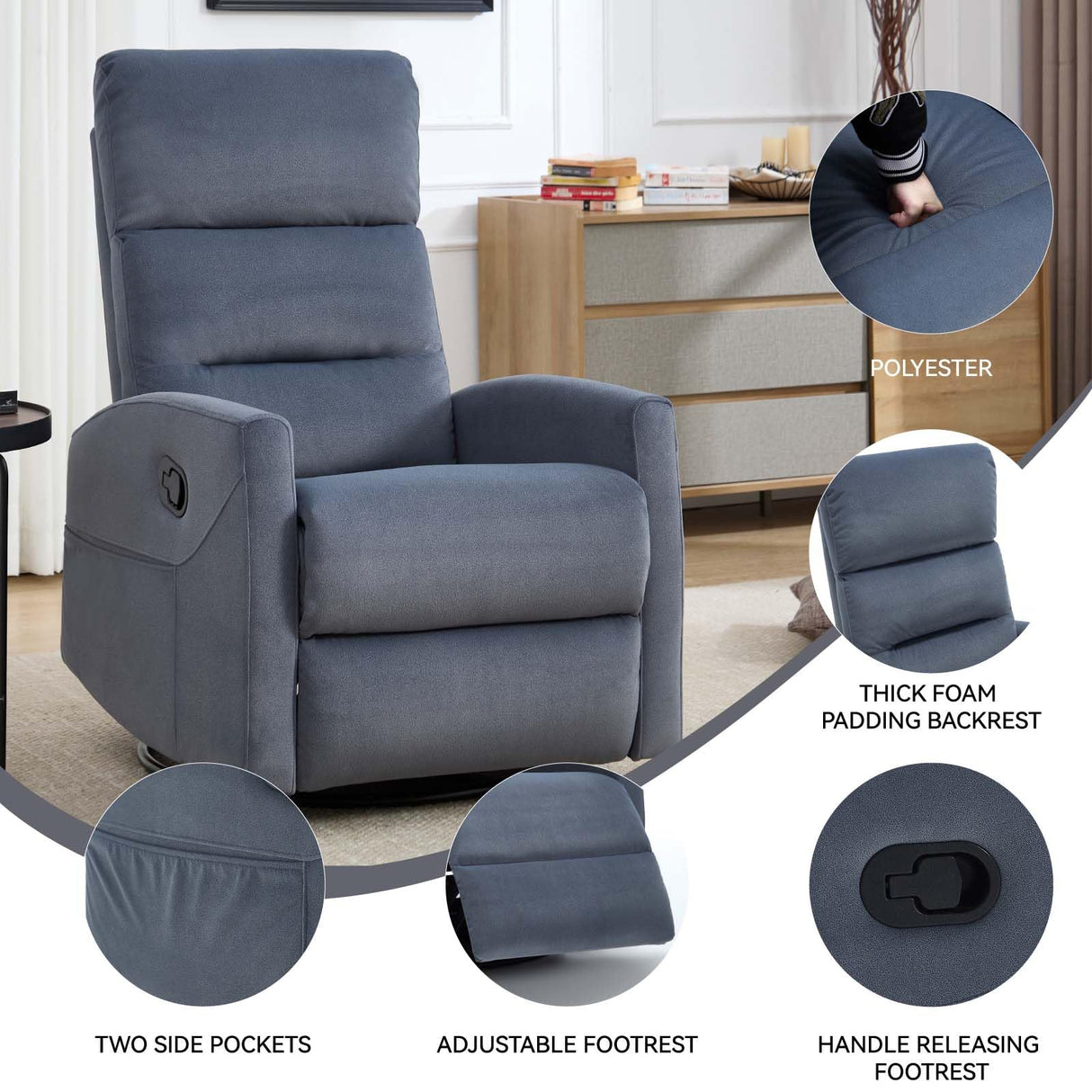 360° Swivel Rocker Recliner Chairs for Adults, Manual Nursery Glider Chair with Side Pockets and High Back, Small Lazy Boy Rocker Recliner for Small Spaces, Living Room, Bedroom (Blue Grey+Fabric) YskdhfczQ