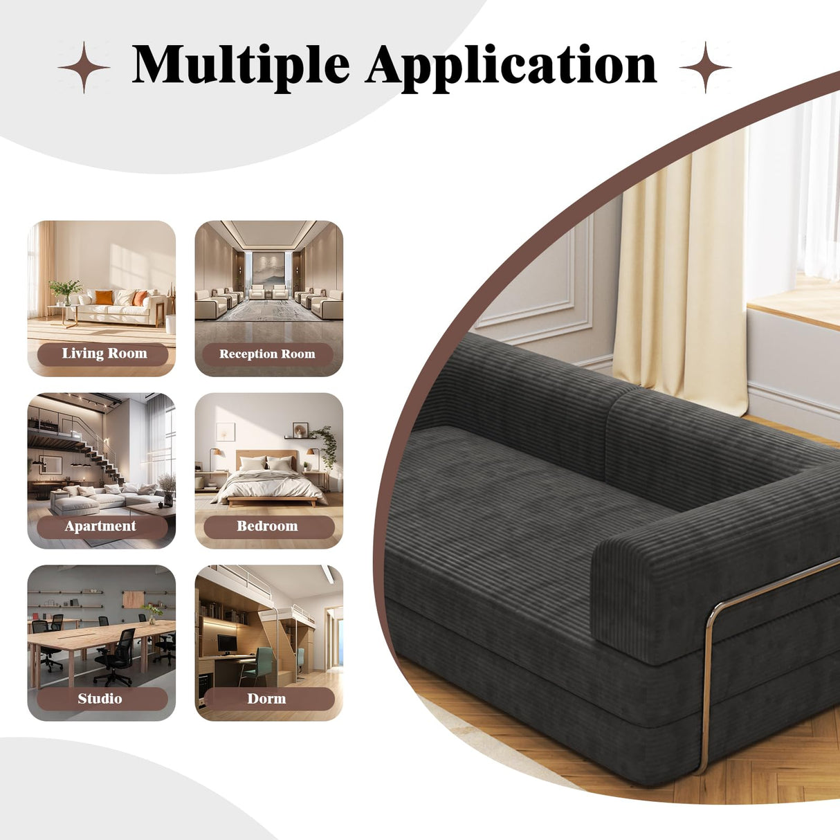 Convertible Corduroy Sleeper Sofa Bed,Folding Mattress Couch with Fixed-Shape Frame, 3 Seater Fold Out King Size Futon,No Assembly Floor Couch for Living Room Dorm Studio 78.7*39.4*29.6 Inch Black PeacefulHues