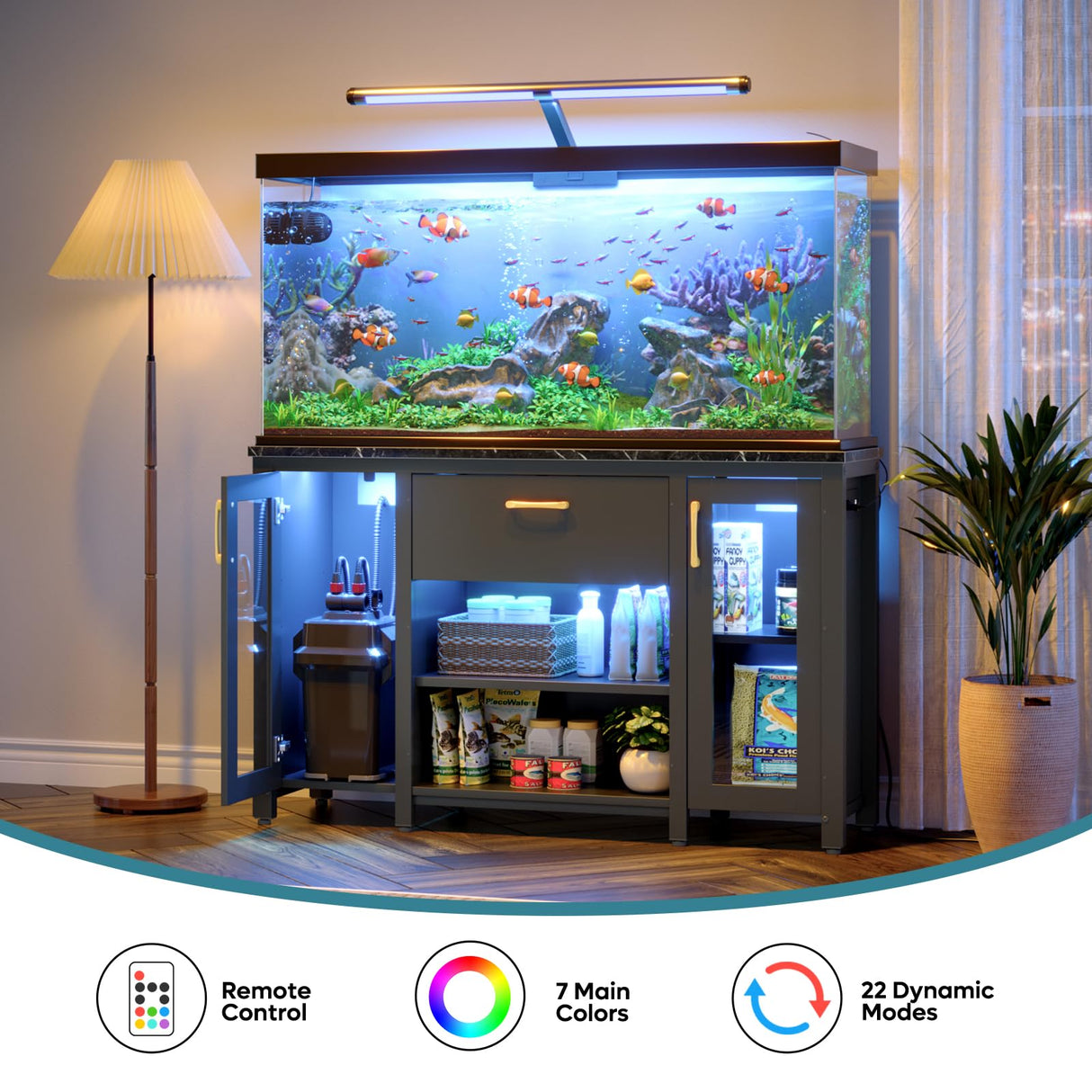 Bestier 55 Gallon Fish Tank Stand with Power Outlet & LED Light, 49.2"x13.8" Heavy-Duty Aquarium Stand with Storage, Dual Glass Cabinet, 8 Thicken Metal Legs, Suit for Reptile/Turtle Terrarium(Black) Bestier