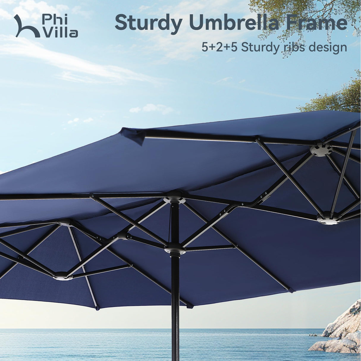 PHI VILLA 13ft Outdoor Market Umbrella Double-Sided Twin Large Patio Umbrella with Crank, Navy Blue PHI VILLA