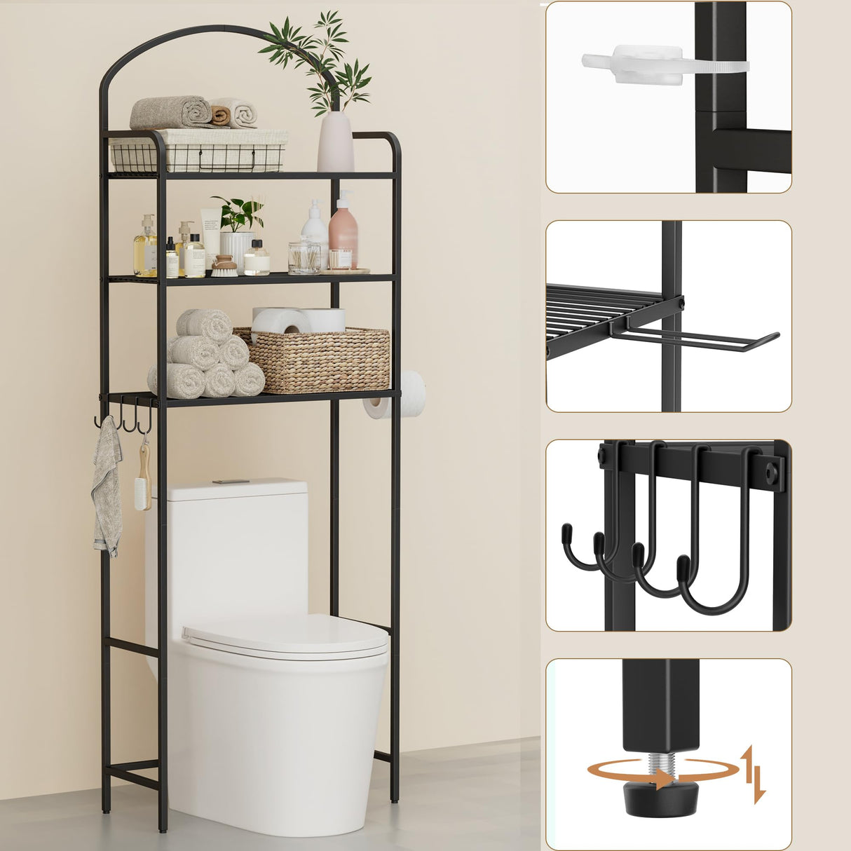 Cerlyunzan 3-Tier Over The Toilet Storage, Bathroom Organizer, Space-Saving, Above Toilet Storage Rack with 4 Hooks and Paper Holder, Metal Shelf, Black Cerlyunzan