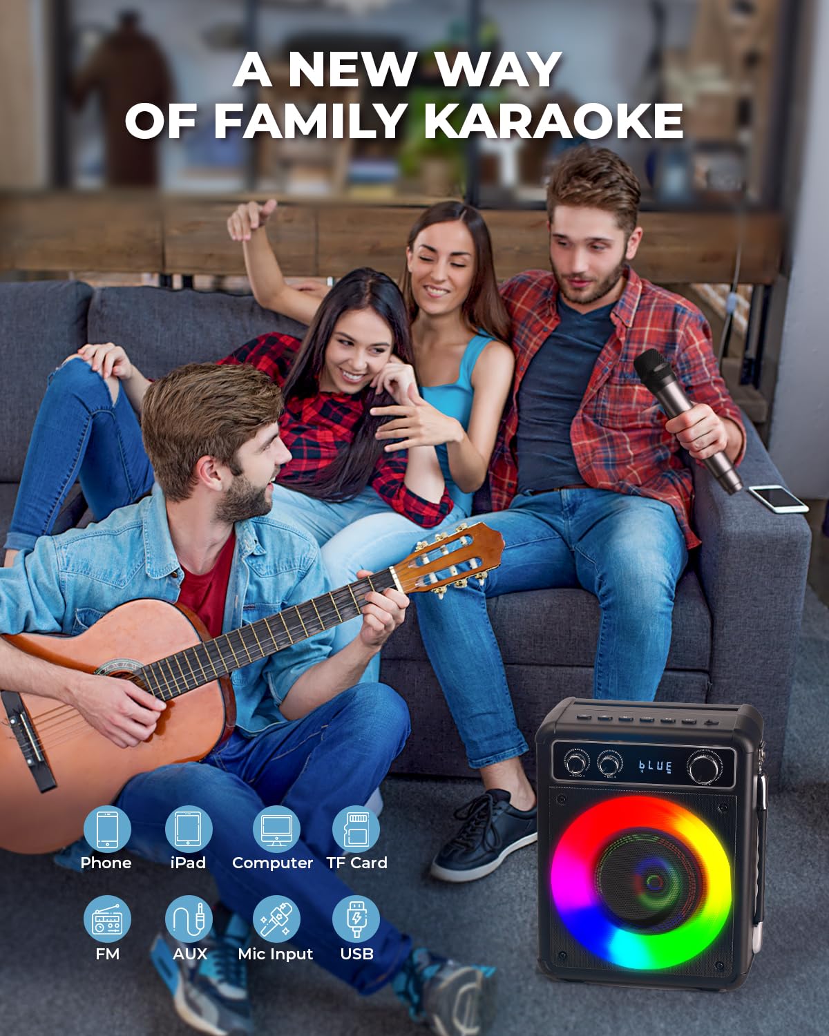 VOSOCO Karaoke Machine, Portable Bluetooth Karaoke Speaker with 2 Wireless Microphones, PA System for Adults Kids with LED Lights, Supports REC/FM/AUX/USB/TF for Home Party VOSOCO
