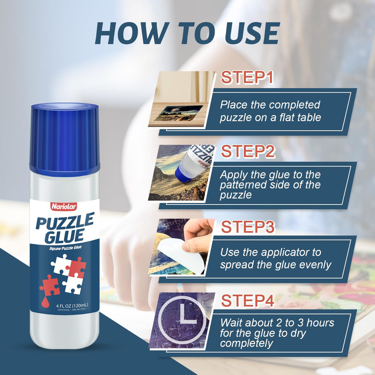 Nariolar Jigsaw Puzzle Glue Clear with Applicator Suitable for Fixing and Hanging Puzzles, Quick Drying, 4 Ounces Nariolar