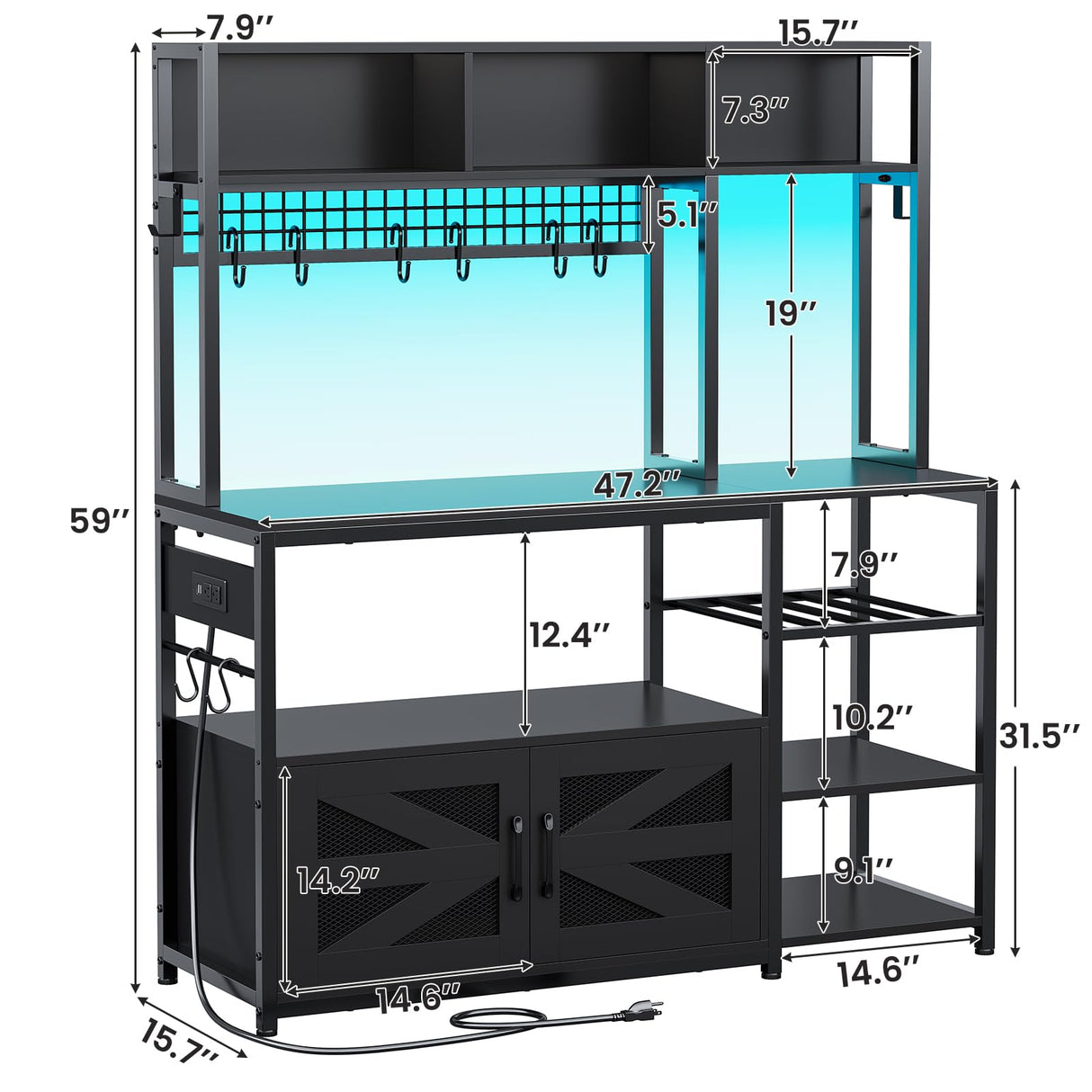 Itaar 47.2 Inch Bakers Rack with Power Outlet, Microwave Stand with Storage, Farmhouse Coffee Bar Cabinet Station with Wine Rack, Iron Grid and 8-S Hooks (Black) Itaar