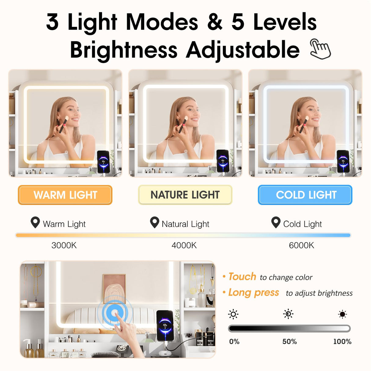 Halitaa Large White Vanity with Lighted Mirror,3 Lighting Modes, 9 Drawers Gold Accent Makeup Vanity Table with Charging Station and 4 Shelves Halitaa