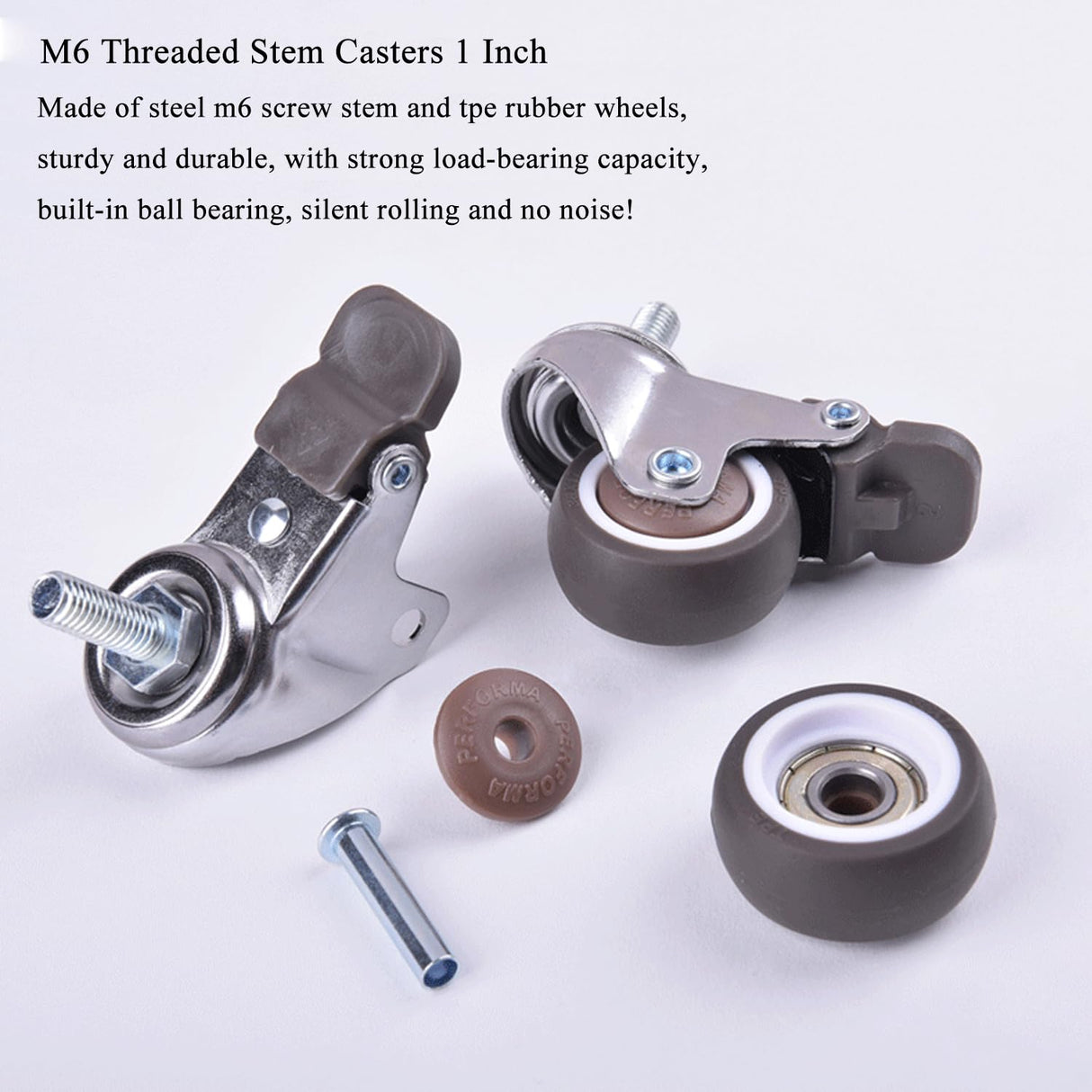 Luxinika 1 Inch Caster Wheels with M6 Threaded Stem, Small Swivel Stem Casters Set of 4 with Brakes, TPE Rubber Rolling 15 mm Screw Wheels for Furniture Tiny Shopping Cart Wire Shelving Luxinika