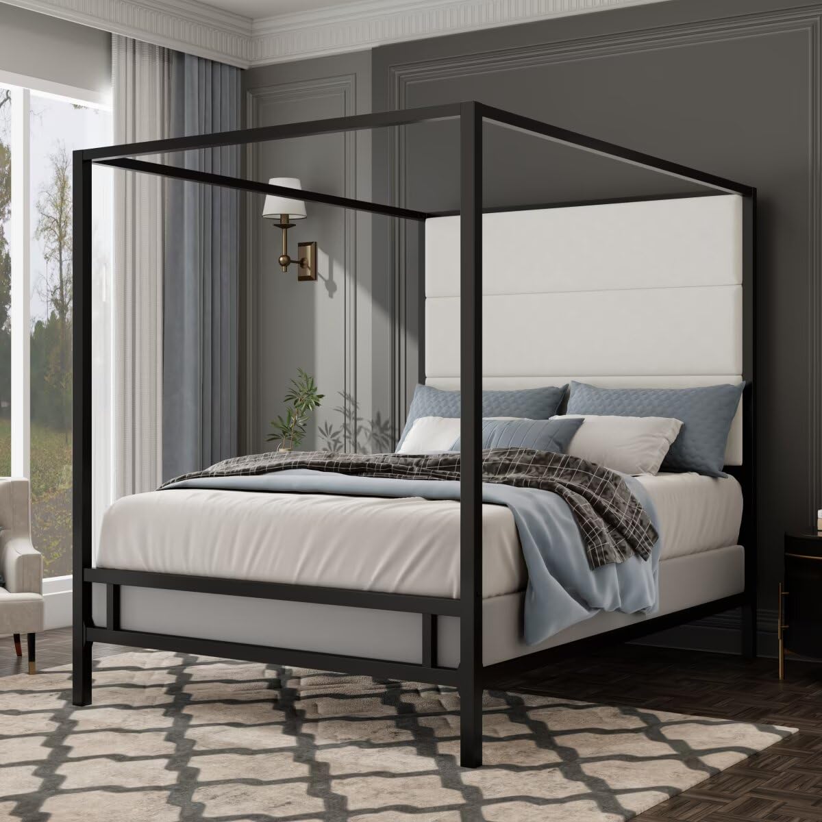 JIJIWANG Modern Black Canopy Bed with Tall Linen Fabric Upholstered Headboard, Metal 4-Poster King Size Canopy Bed Frame, King Bed Canopy, Box Spring Needed (King,Black) JIJIWANG