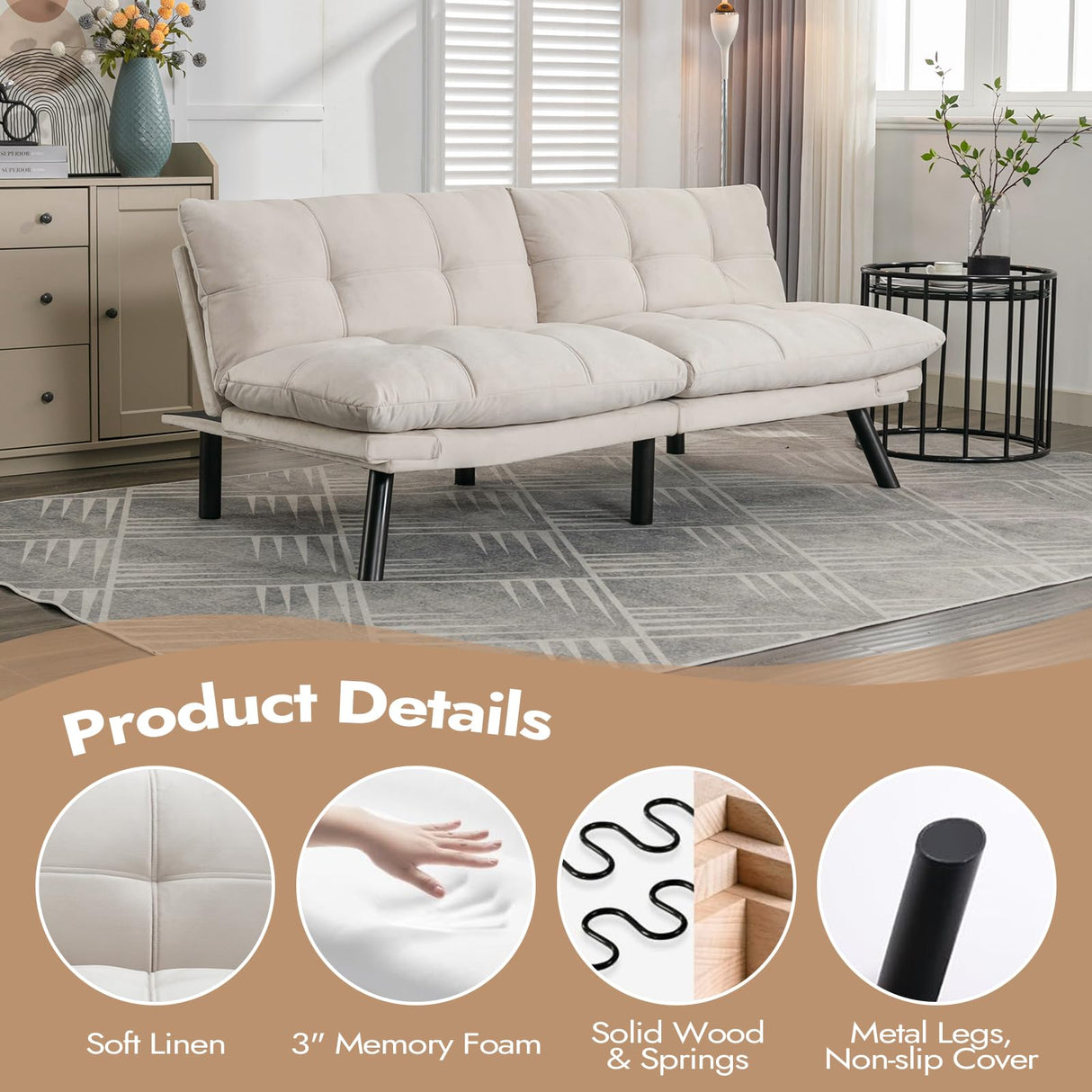 Edbuosy Comfortable Futon Sofa Bed, Memory Foam Loveseat, Convertible Adjustable Sofa Bed CouchSuitable for Office, Home, and Bedroom (White) Edbuosy