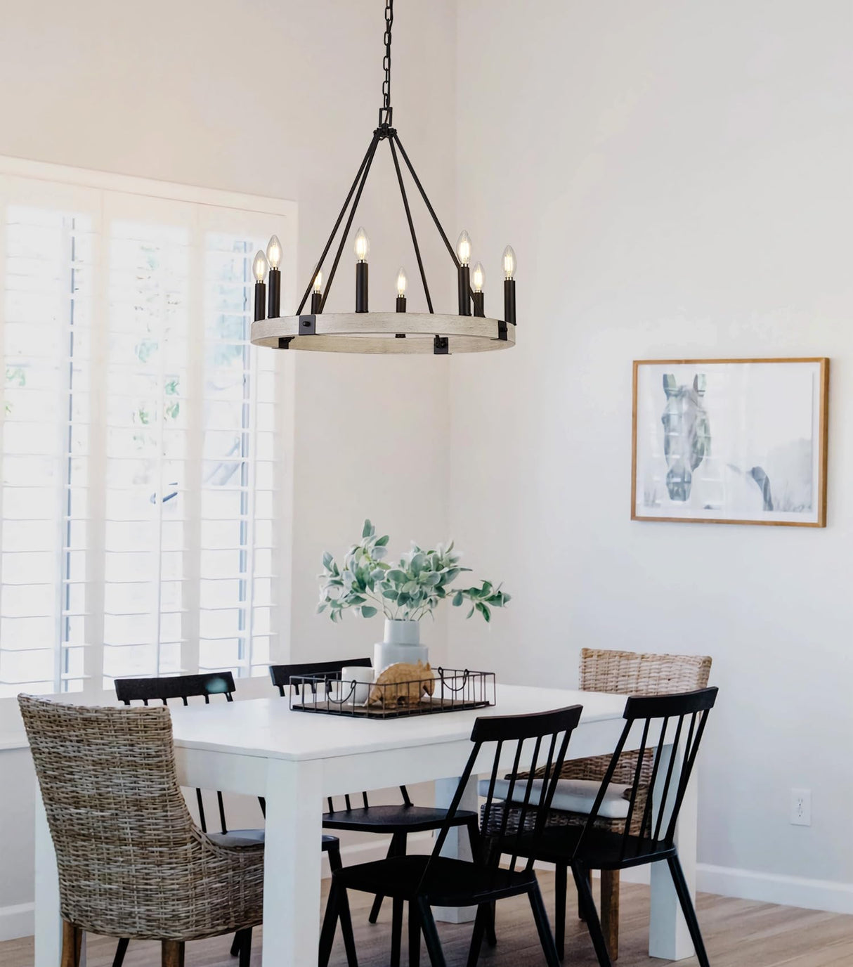 Alolvios D24'' Modern Farmhouse Chandelier, 8 Lights Wagon Wheel Chandeliers for Dining Room Kitchen Living Room Entryway, Rustic Adjustable Height Candle Chandelier Pendant, White Oak Finish Alolvios