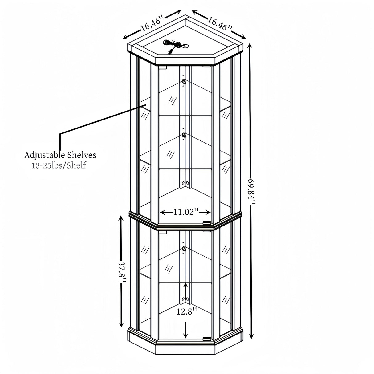 Ball & Cast 70" H Lighted Corner Curio Cabinet, Glass Display Cabinet with 5 Tempered Adjustable Glass Shelves and Doors,Include Light Bulb, Rack for Living Room,Light Oak Ball & Cast
