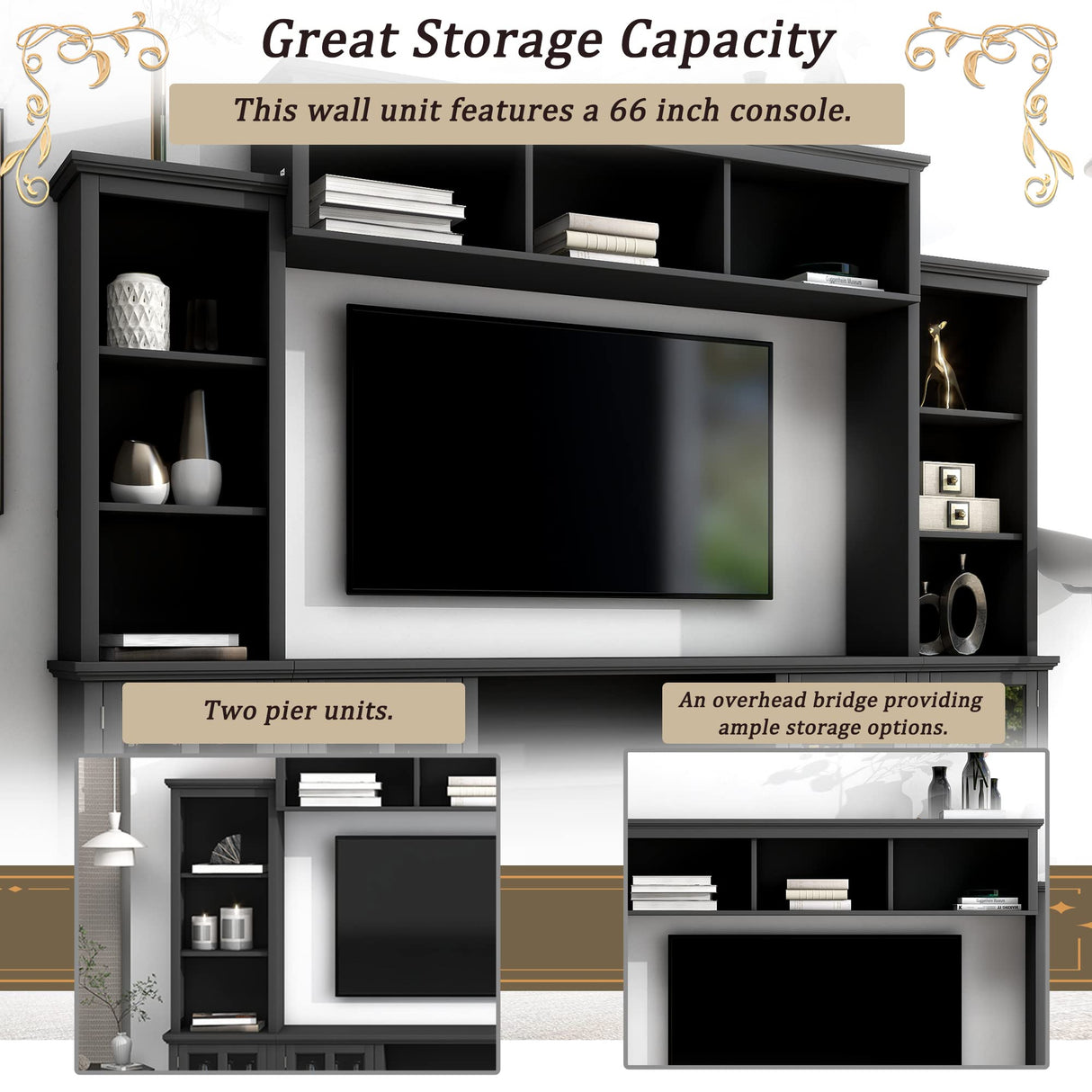 Harper & Bright Designs Modern TV Console Table for TVs Up to 70'', Minimalism Style Entertainment Wall Unit with Bridge, Multifunctional TV Stand with Tempered Glass Door, Black Harper & Bright Designs