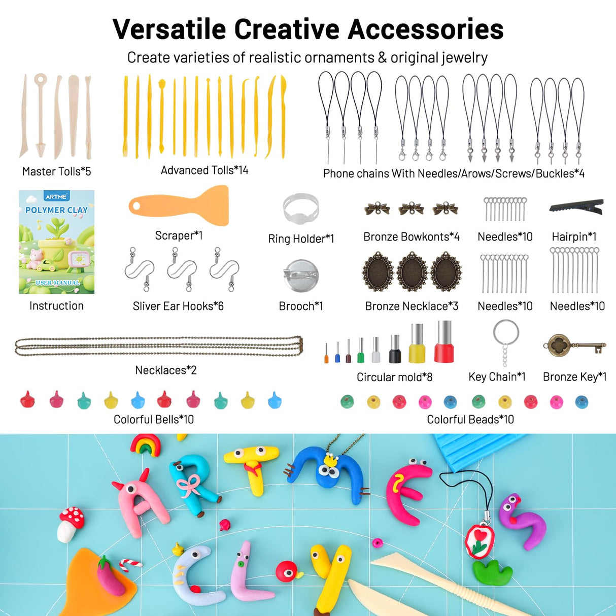 Artme Polymer Clay, 116 Colors Oven Bake Modeling Clay Starter Kits for Kids, Creative Polymer Clay Kit with Sculpting Tools and Jewelry Accessories, Non-Toxic, Ideal DIY Gifts for Adults and Teens ARTME